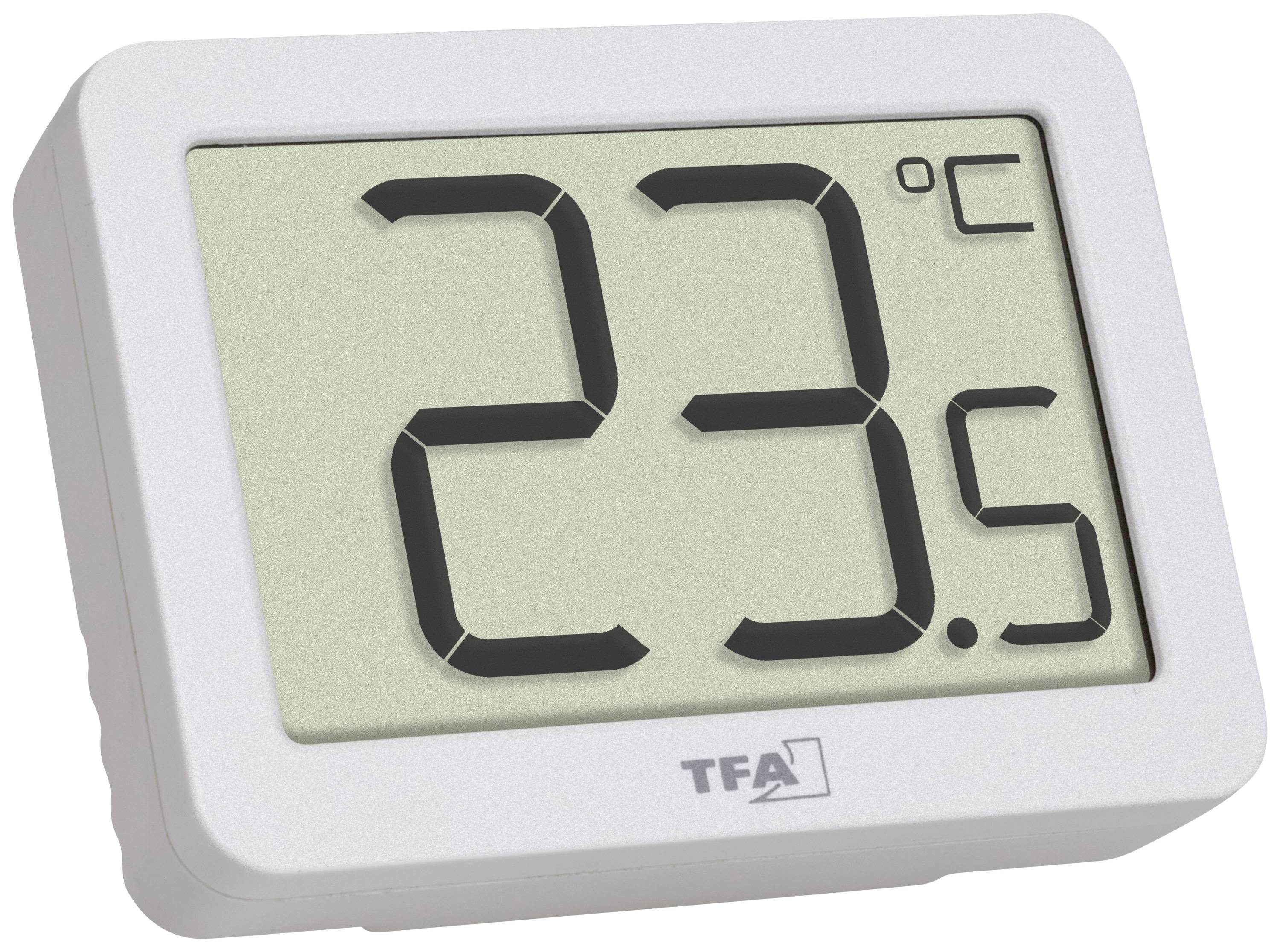 Digitales Thermometer, Anzeige: 23,5 Grad Celsius. Rechteckiges Display in Weiß, schwarze Ziffern.