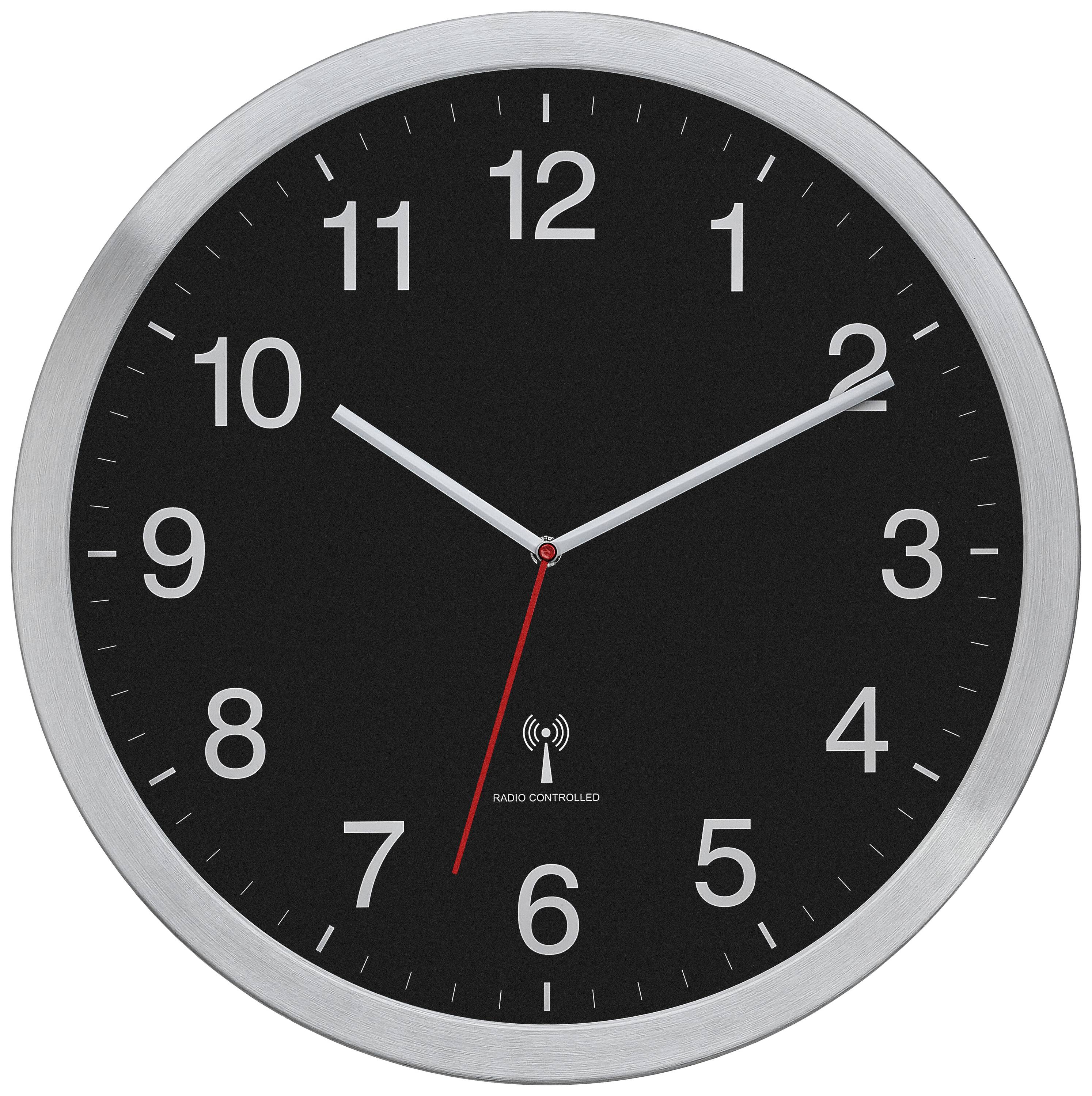 Eine runde Wanduhr mit schwarzem Zifferblatt, silbernem Rahmen und weißen Ziffern zeigt 10:10 Uhr an.