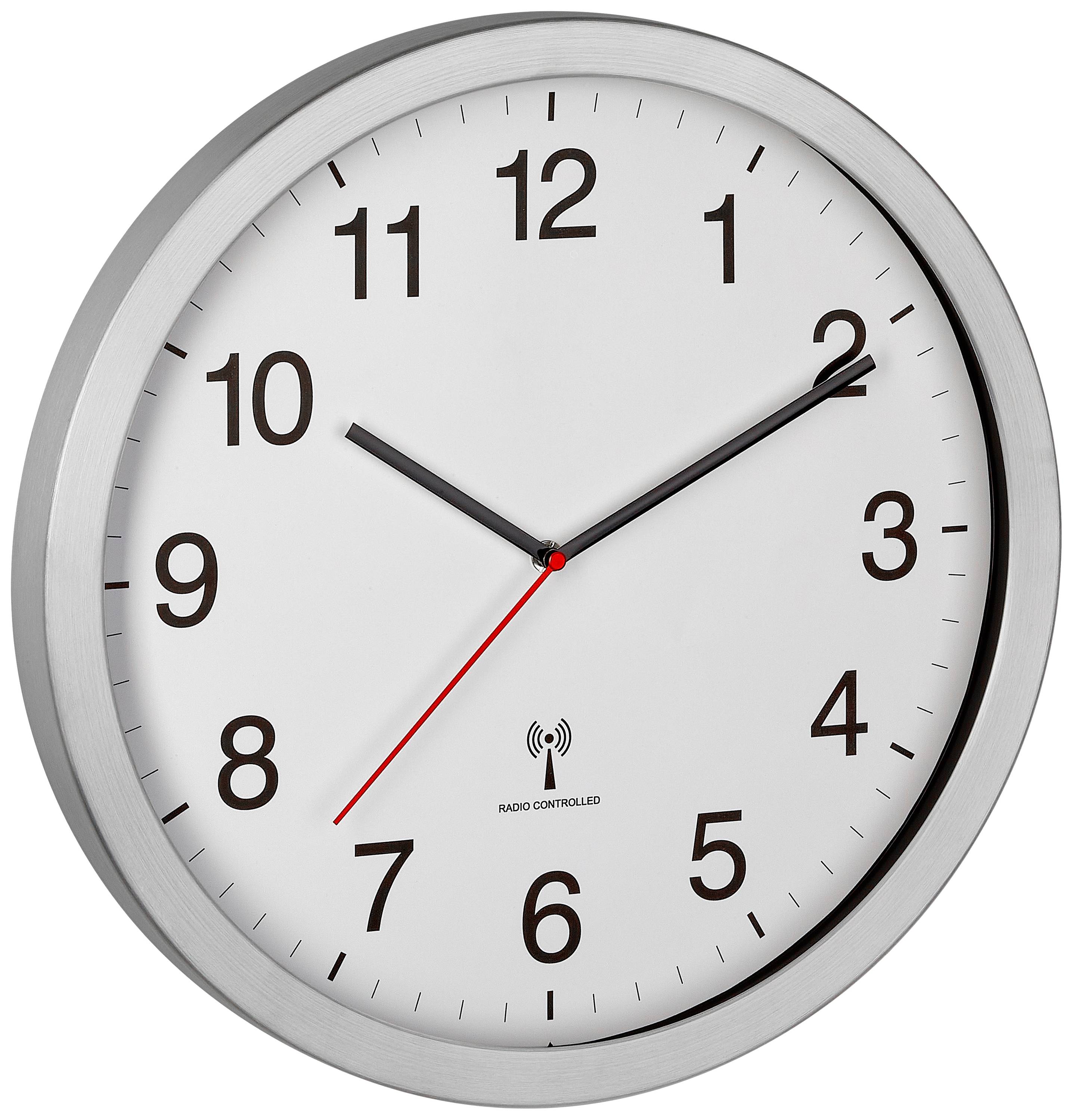 Analoge Wanduhr mit silbernem Rahmen, zeigt 2:10 Uhr. Dunkle Ziffern auf weißem Zifferblatt, mit einem roten Sekundenzeiger.