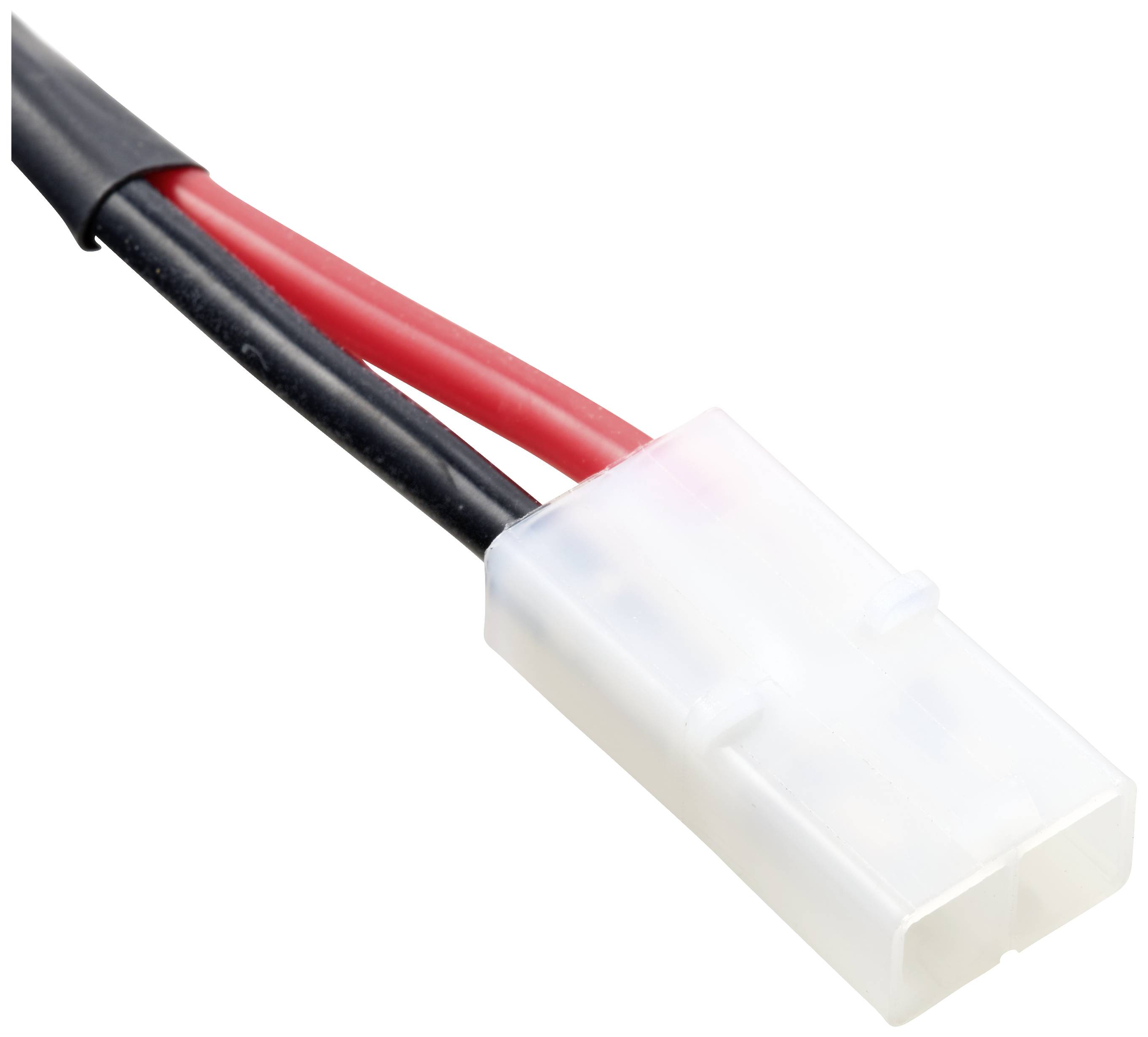 Zweipoliger Stecker mit einem schwarzen und einem roten Kabel, typischerweise für elektrische Verbindungen in Geräten oder Schaltungen genutzt.