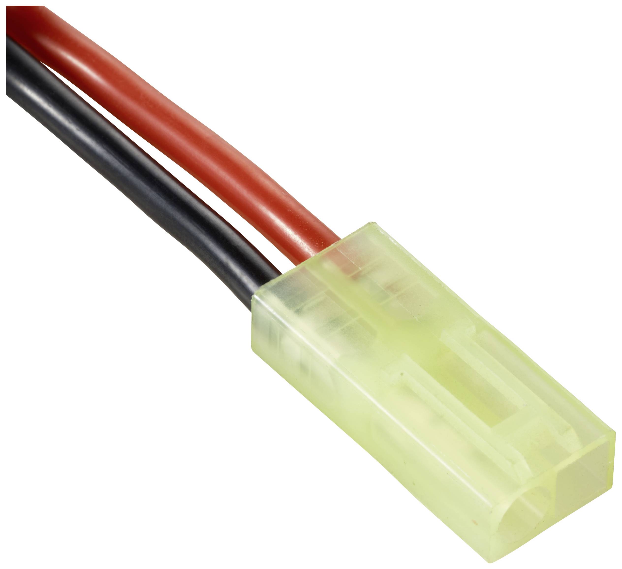 Ein Tamiya-Stecker mit zwei Drähten, einem roten und einem schwarzen, hervorgehoben auf weißem Hintergrund.