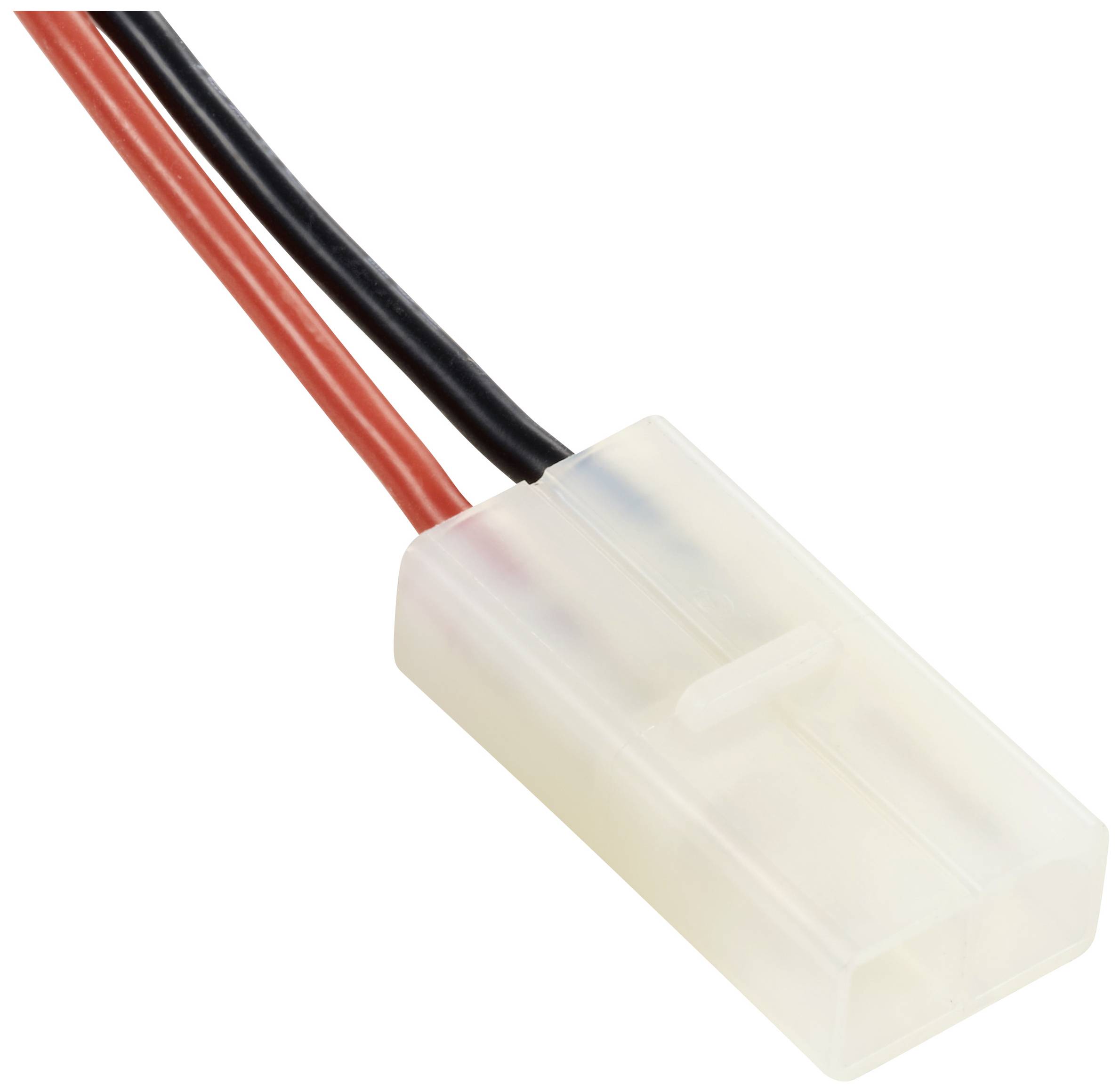 Ein weißer, rechteckiger elektrischer Stecker mit zwei Kabeln, eines rot und eines schwarz, ragt daraus hervor.