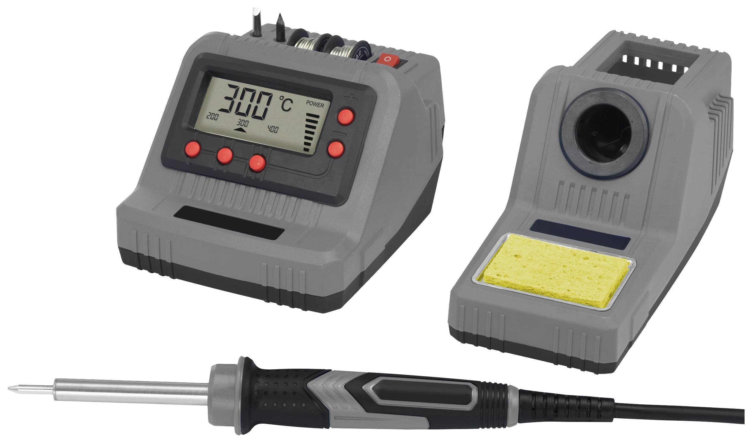 Elektronische Lötstation mit Digitalanzeige, Lötkolben und Ablage mit Reinigungsschwamm. Temperatur in Celsius angezeigt.