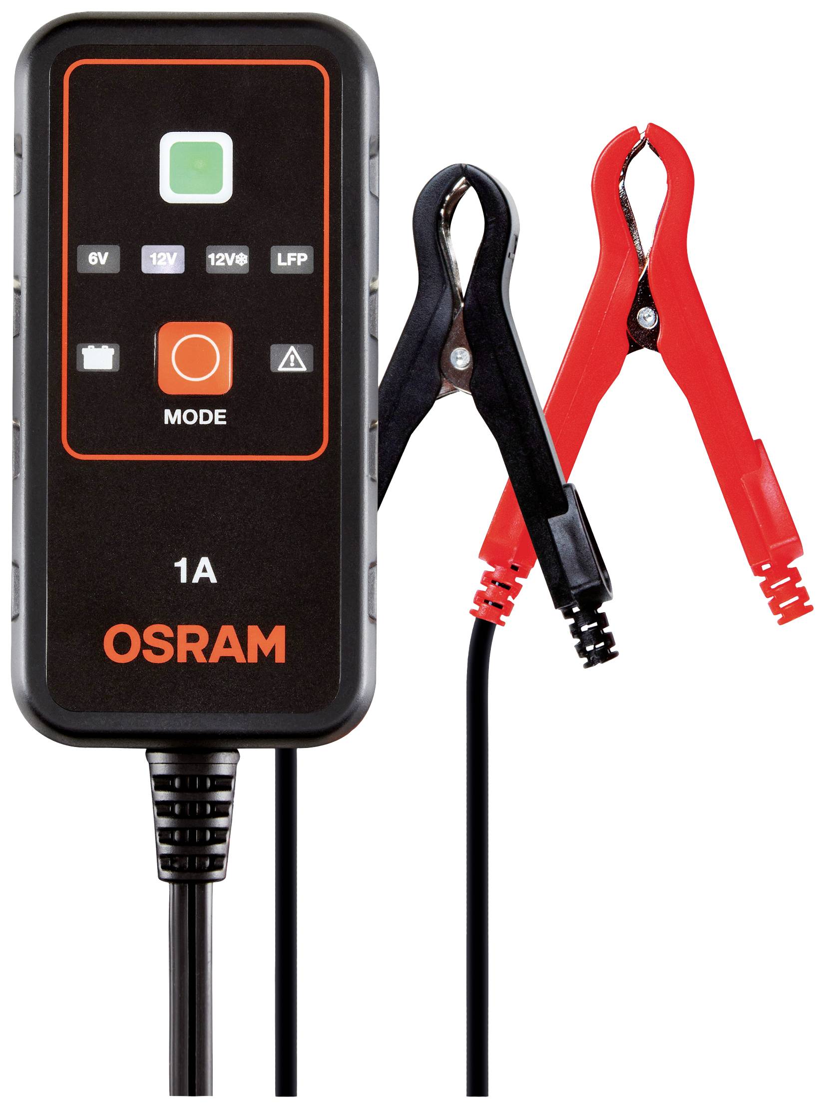 Ein Batterieladegerät mit zwei Krokodilklemmen in Schwarz und Rot. Die Anzeige zeigt verschiedene Modi für 6V, 12V und 12V LFP.