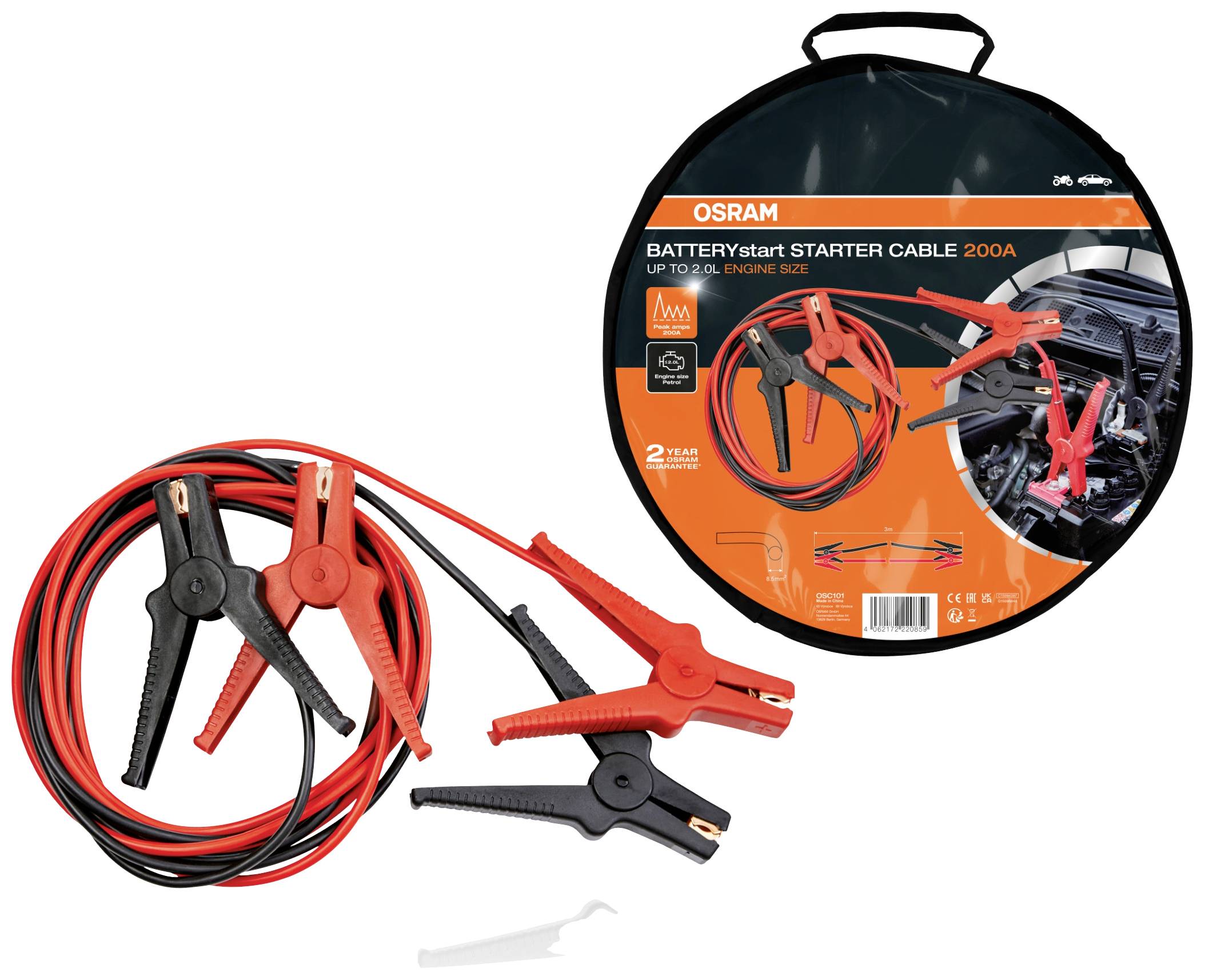 Osram Automotive BATTERYstart STARTER CABLE 200A Starthilfekabel 8.5mm² Aluminium (kupferbeschichtet) 3m mit Kunststoffzangen