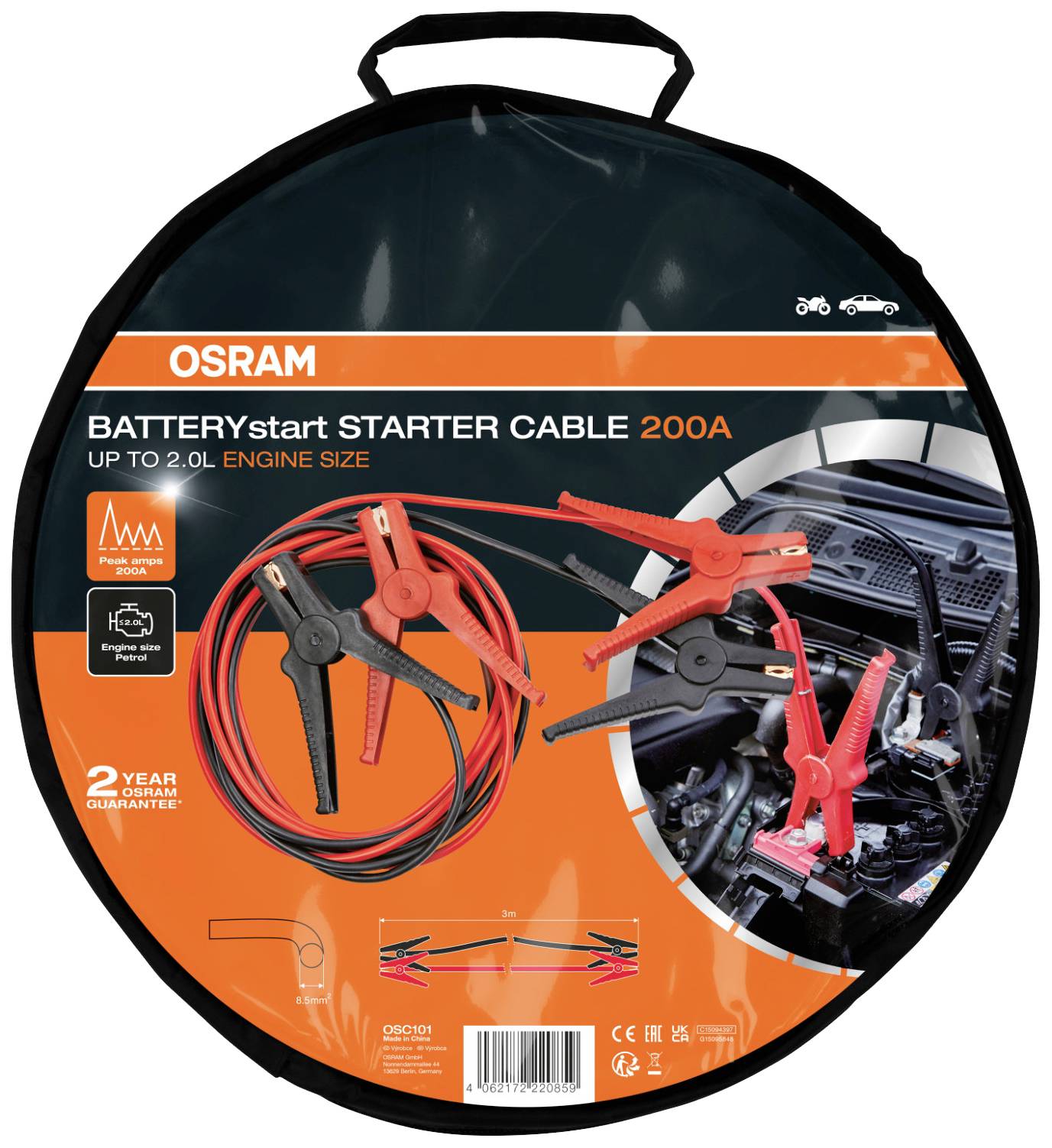 Osram Automotive BATTERYstart STARTER CABLE 200A Starthilfekabel 8.5mm² Aluminium (kupferbeschichtet) 3m mit Kunststoffzangen