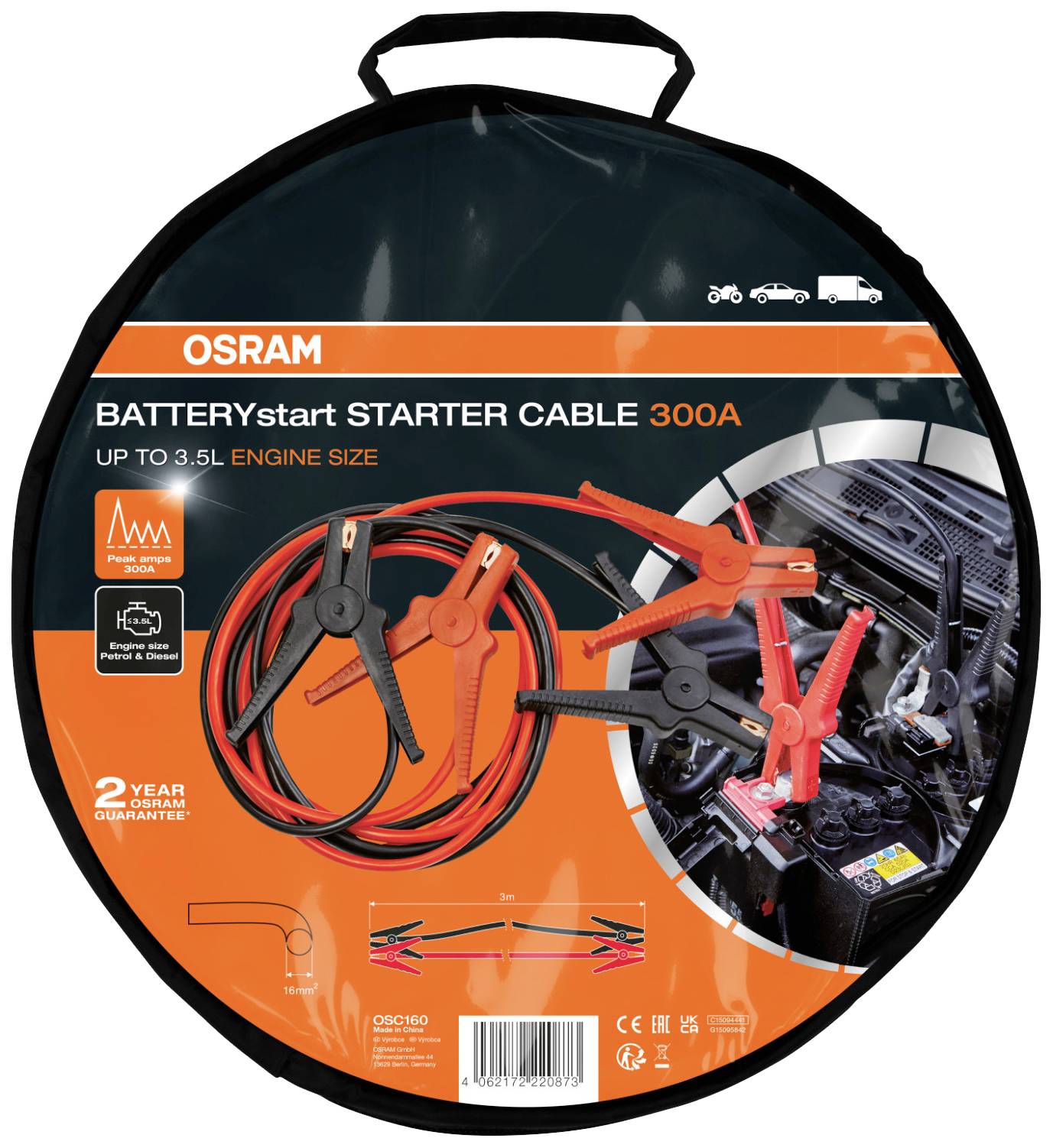Osram Automotive BATTERYstart STARTER CABLE 300A Starthilfekabel 16mm² Aluminium (kupferbeschichtet) 3m mit Kunststoffzangen