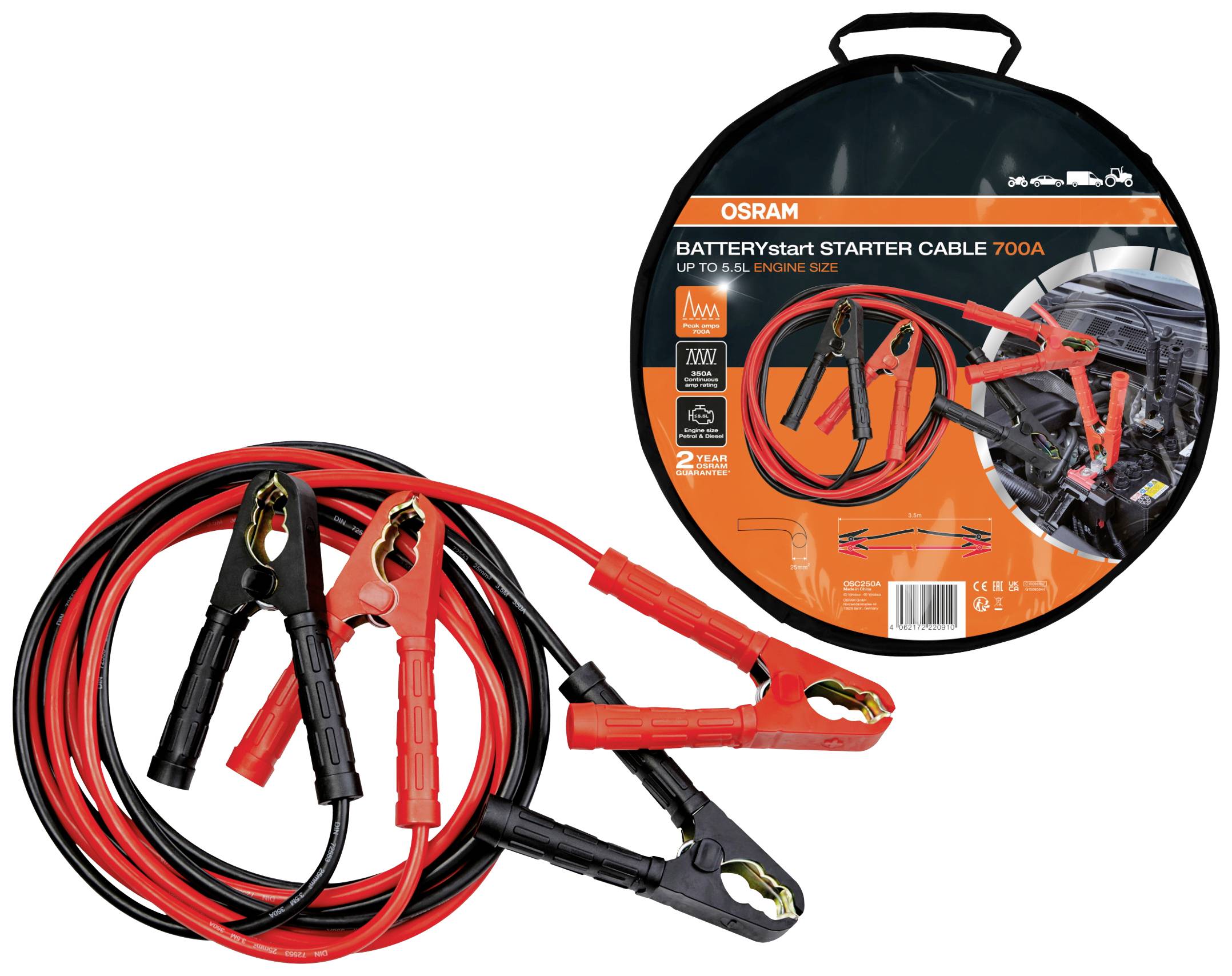Osram Automotive BATTERYstart STARTER CABLE 250A Starthilfekabel 25mm² Aluminium (kupferbeschichtet) 3.5m mit Kunststoffzangen