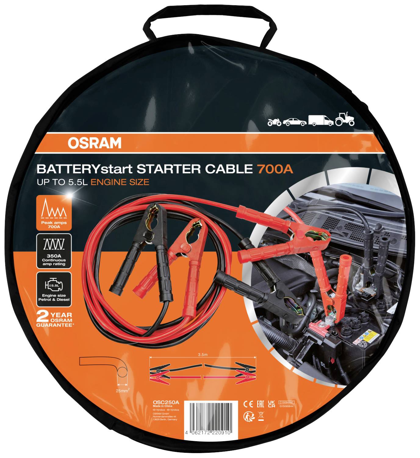 Osram Automotive BATTERYstart STARTER CABLE 250A Starthilfekabel 25mm² Aluminium (kupferbeschichtet) 3.5m mit Kunststoffzangen