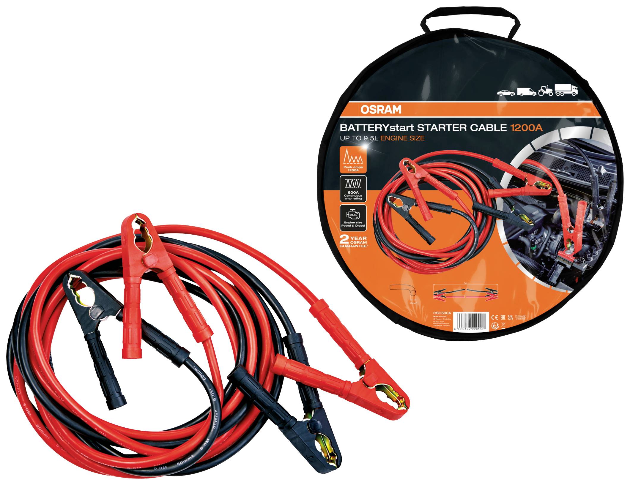 Osram Automotive BATTERYstart STARTER CABLE 500A Starthilfekabel 50mm² Aluminium (kupferbeschichtet) 5m mit Kunststoffzangen