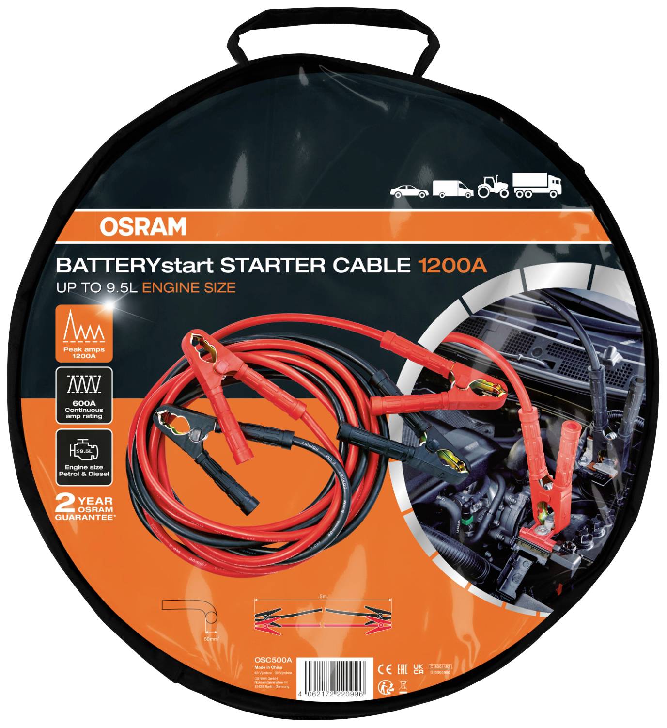 Osram Automotive BATTERYstart STARTER CABLE 500A Starthilfekabel 50mm² Aluminium (kupferbeschichtet) 5m mit Kunststoffzangen
