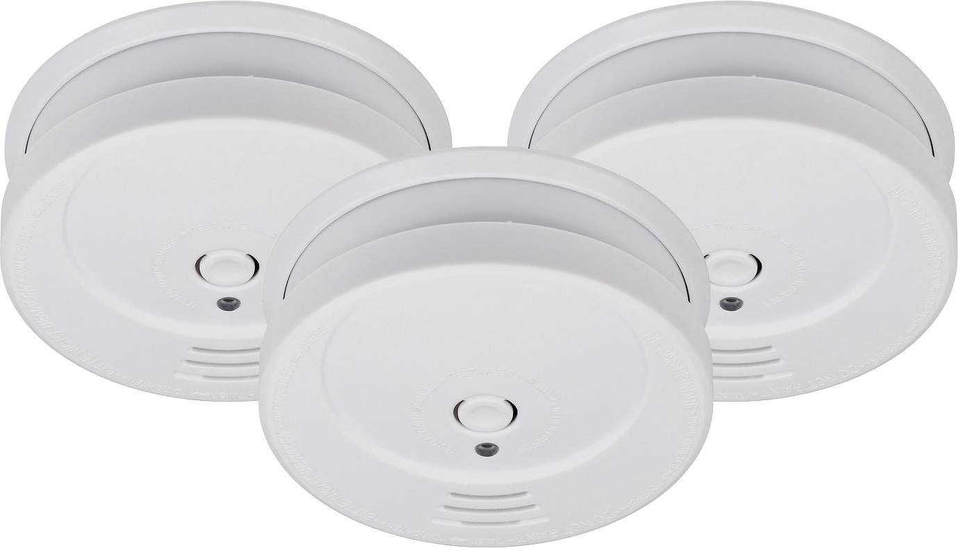 Drei weiße runde Rauchmelder, frontal gezeigt und sich auf einem schlichten Hintergrund überlappend.