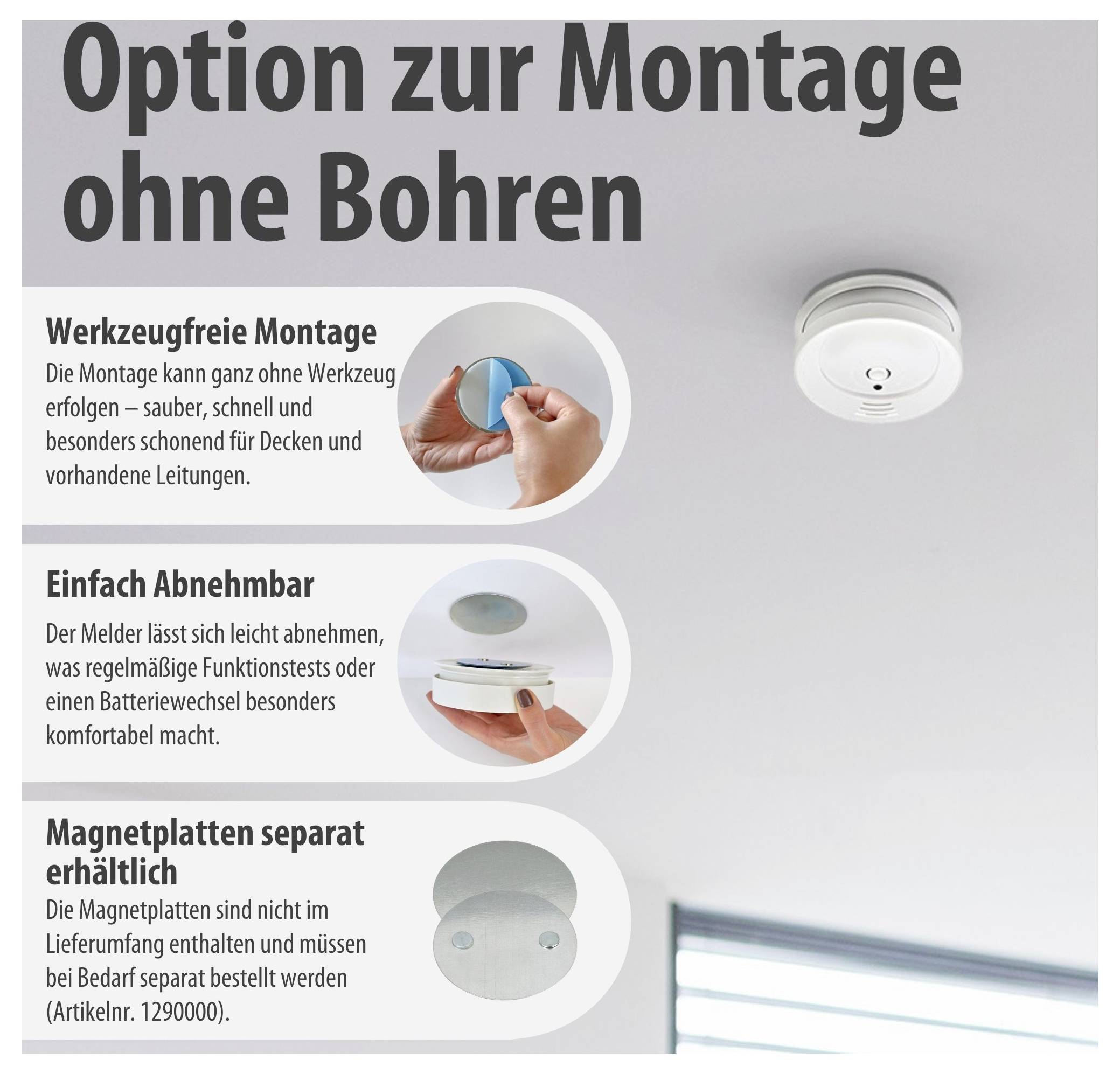 Infografik zur Montage ohne Bohren: werkzeugfreie Montage, leicht abnehmbar, Magnetplatten separat erhältlich; zeigt Deckenmelder an der Decke und Symbolbilder der Handhabung.