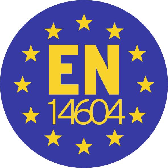 Blauer Kreis mit gelben Sternen am Rand und der gelben Aufschrift 'EN 14604' in der Mitte.