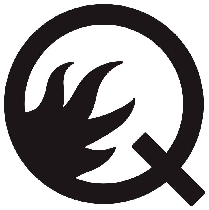 Ein schwarzes kreisförmiges Logo mit einer stilisierten Flamme auf der linken Seite und einem diagonalen Balken, der von unten links nach oben rechts verläuft.
