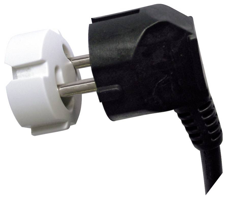Nahaufnahme eines schwarzen zweipoligen Elektrosteckers, der mit einem weißen Adapter oder Steckdosenadapter verbunden ist.