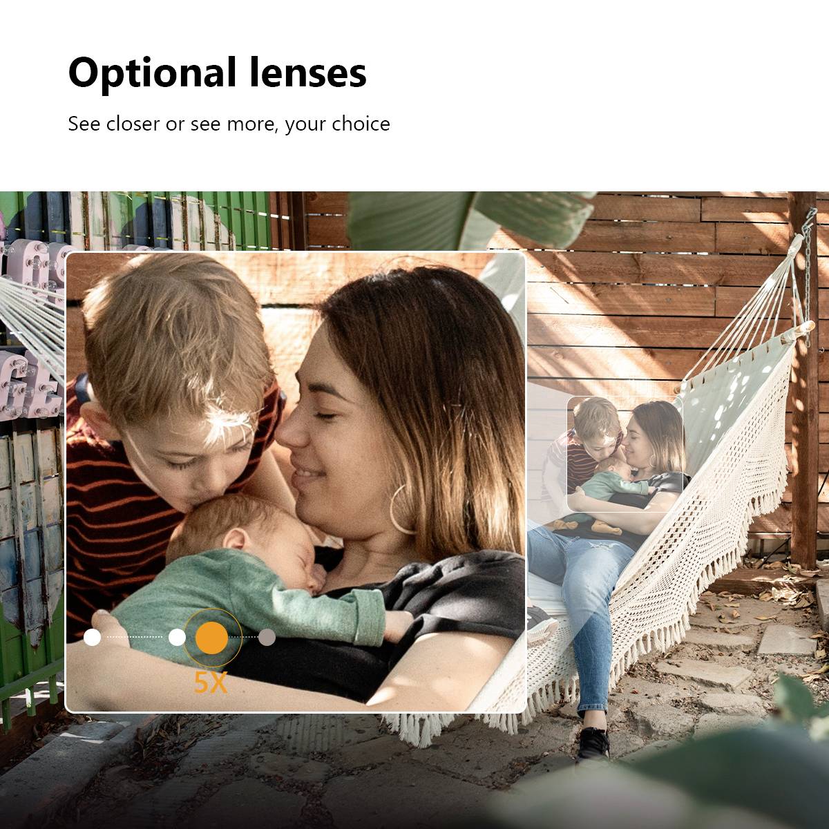Mutter und Kind auf einer Hängematte; Linsenoptionen; 'Optional lenses' angegeben. Wählen zwischen 1X und 5X Vergrößerung.