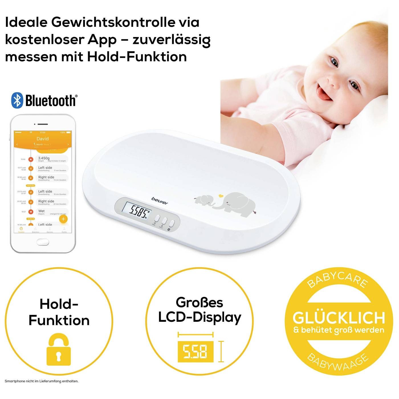 Babywaage mit LCD-Display, Bluetooth-Kompatibilität, Hold-Funktion, ideal für Gewichtskontrolle. Zufriedenes Baby lächelt.