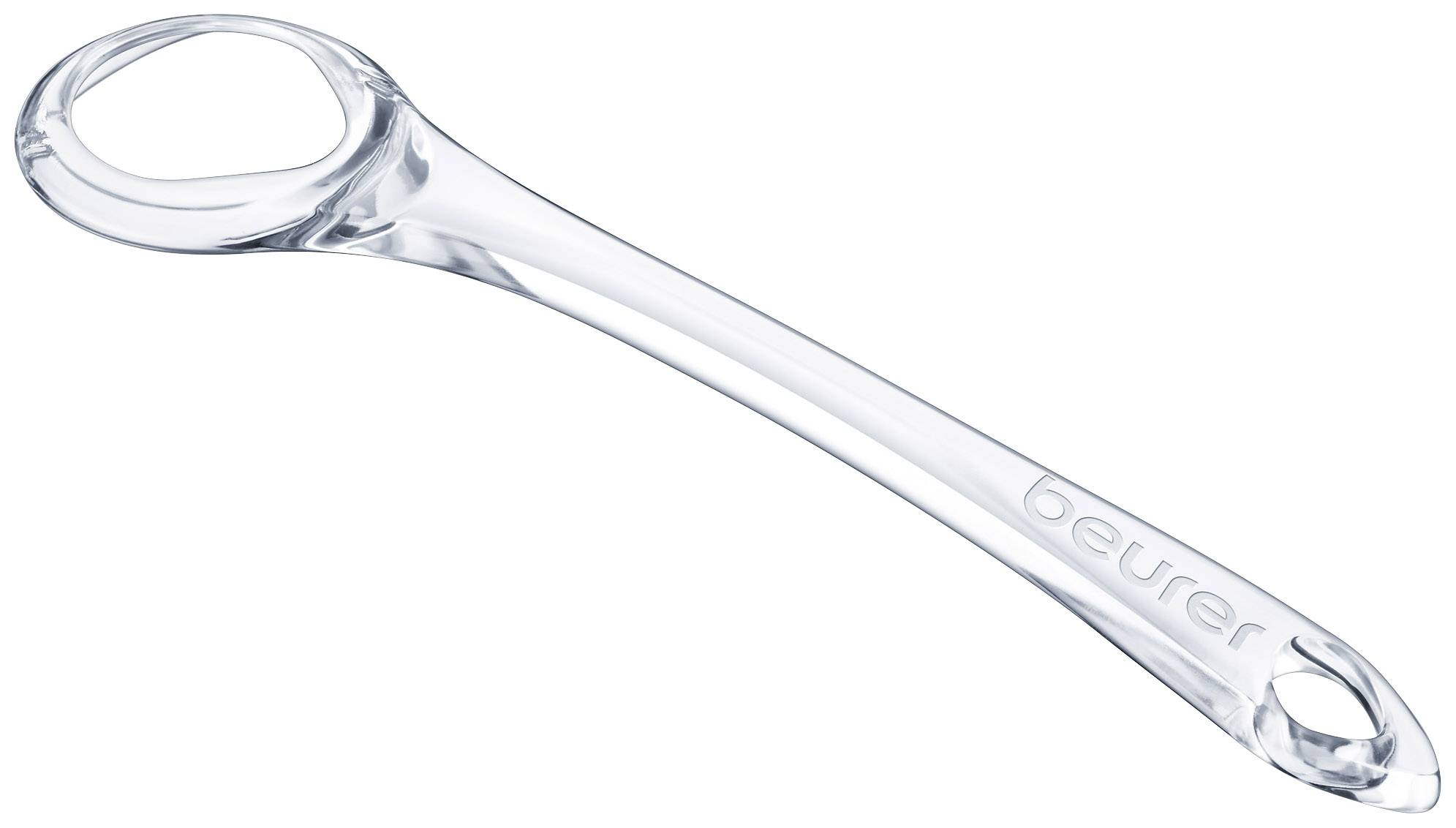 Ein transparenter Schuhanzieher mit langem Griff, darauf steht 'beurer'.