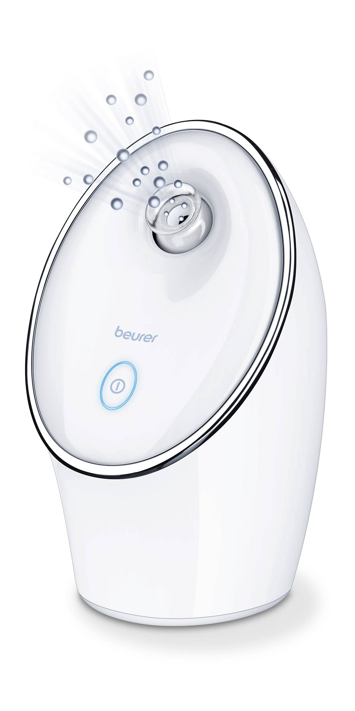 Dampfinhalator mit Dampfstrahl von Beurer, weißes, ovales Design mit mittlerem Knopf und dampfender Öffnung.