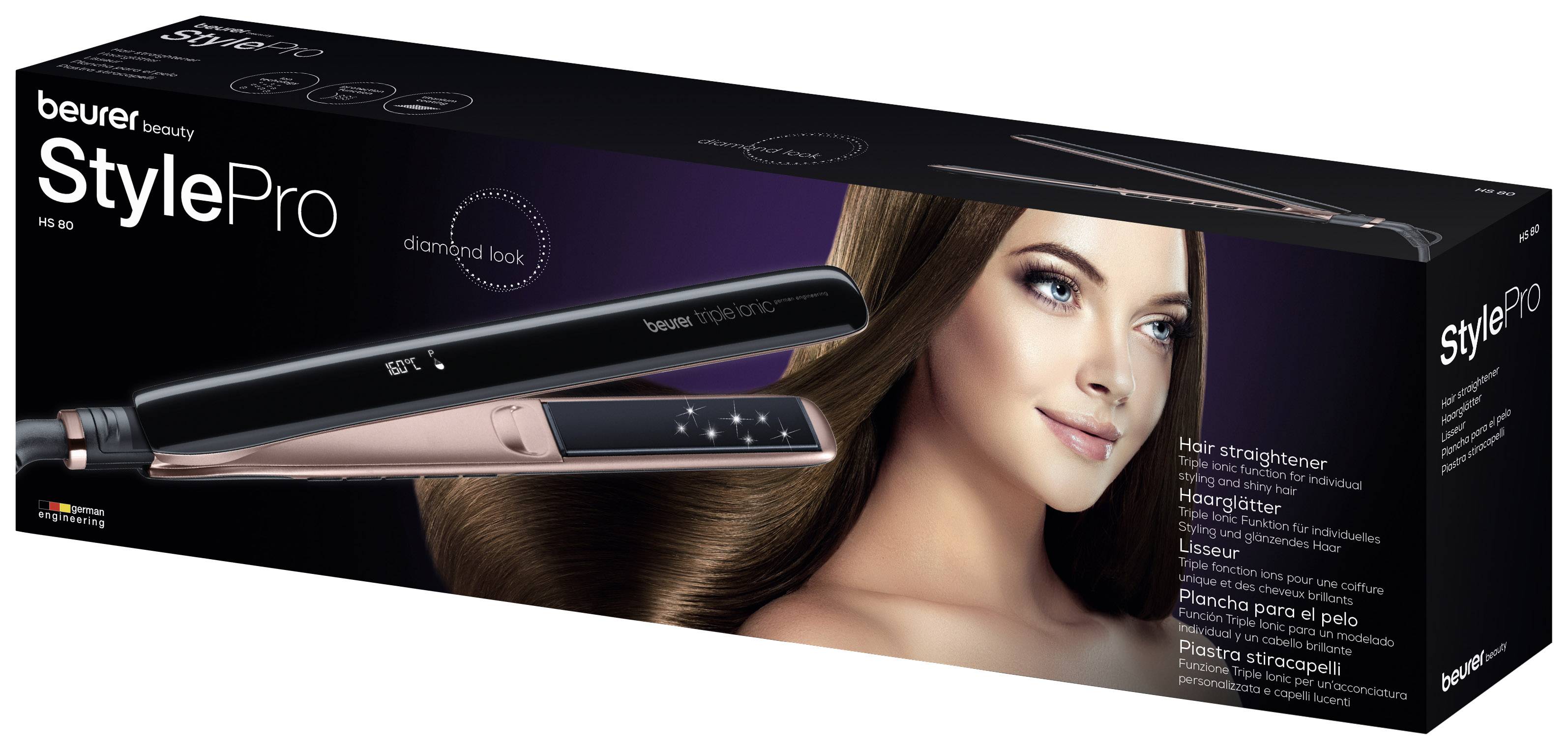 Verpackung eines Haarglätters 'Beurer StylePro' mit Abbildung einer Frau mit glattem Haar. Funktionen und Markennamen angegeben.