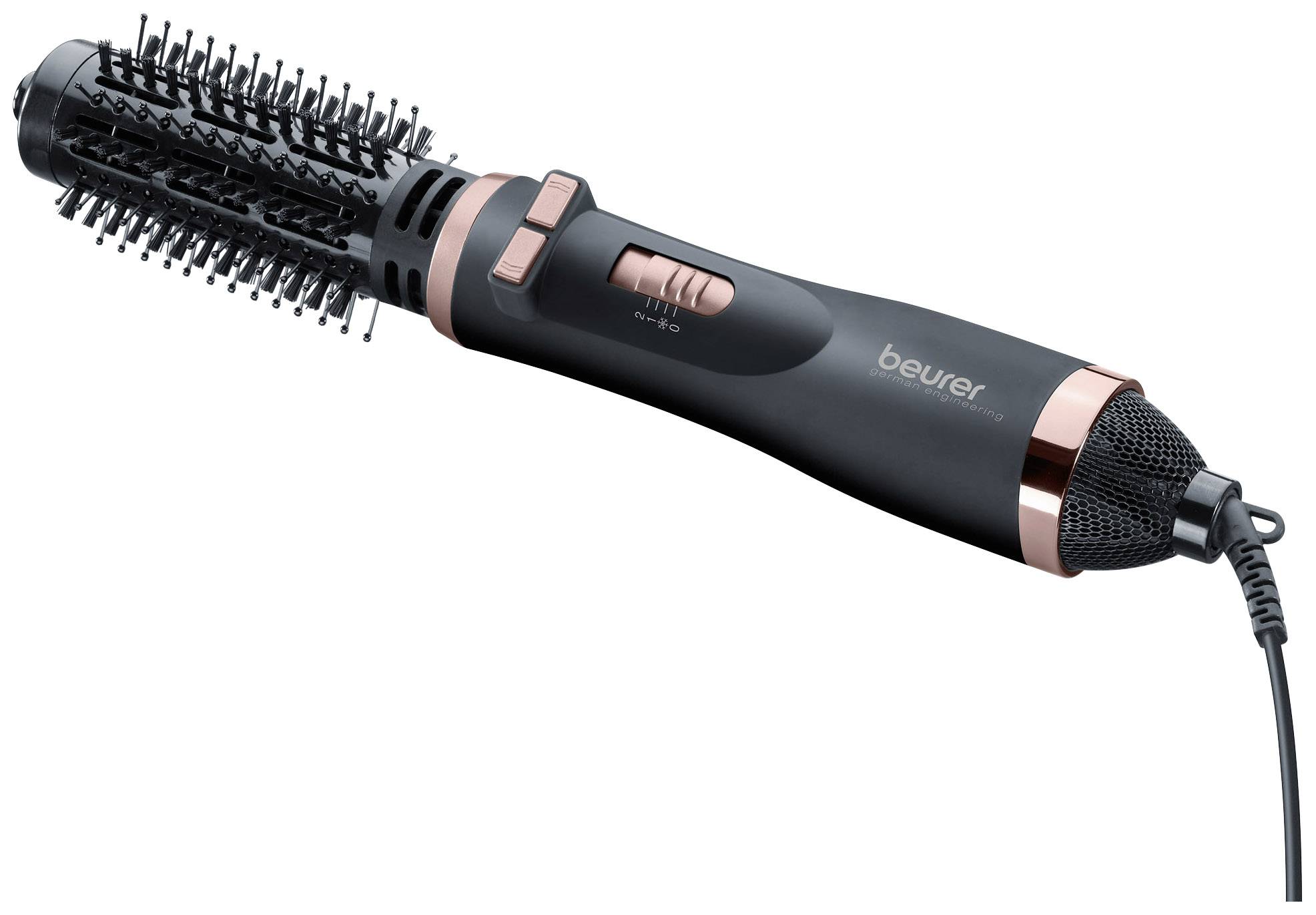 Ein schwarzer und roségoldener elektrischer Haarstyler mit rundem Bürstenaufsatz. Geeignet zum Trocknen und Stylen von Haaren.