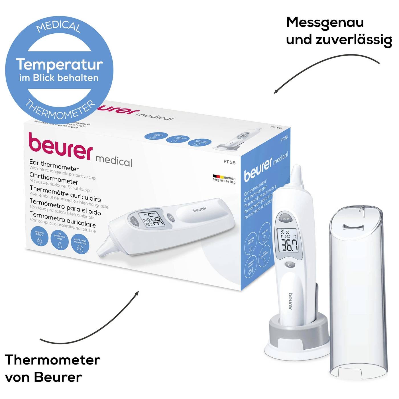 Ohrthermometer von Beurer mit Schutzhülle. Verpackungstext: Messgenau und zuverlässig. Temperatur im Blick behalten.