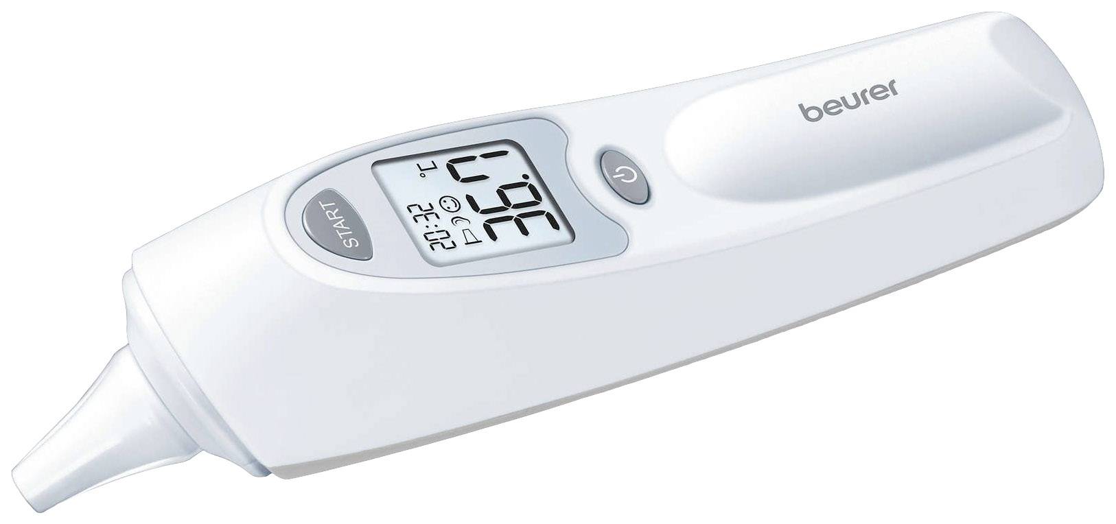 Digitales Ohrthermometer mit Display, zeigt Temperatur von 36,4 Grad Celsius. Markierung 'Start' und 'Beurer' auf dem Gerät.