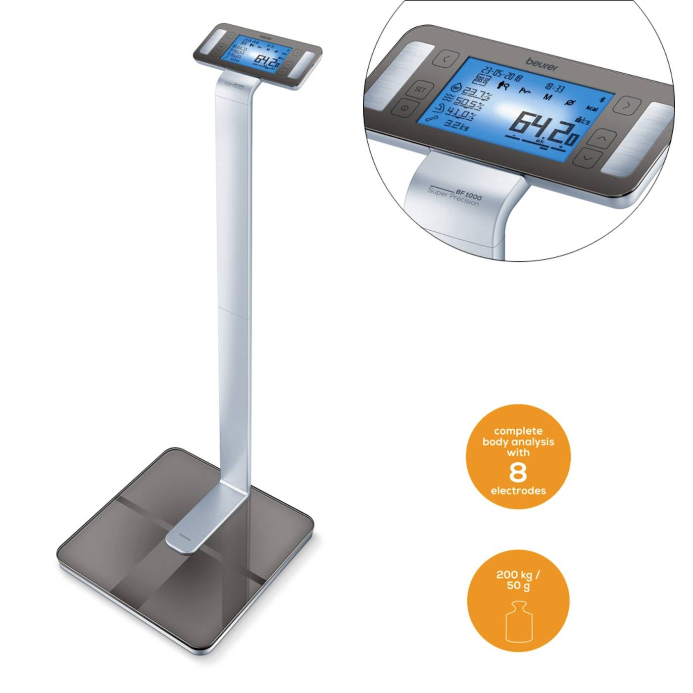 Elektronische Analysewaage mit digitalem Display, zeigt Gewicht von 64,2 kg und Körperanalysewerte. Rundes Detailbild und Symbolgrafiken erläutern Funktionen.