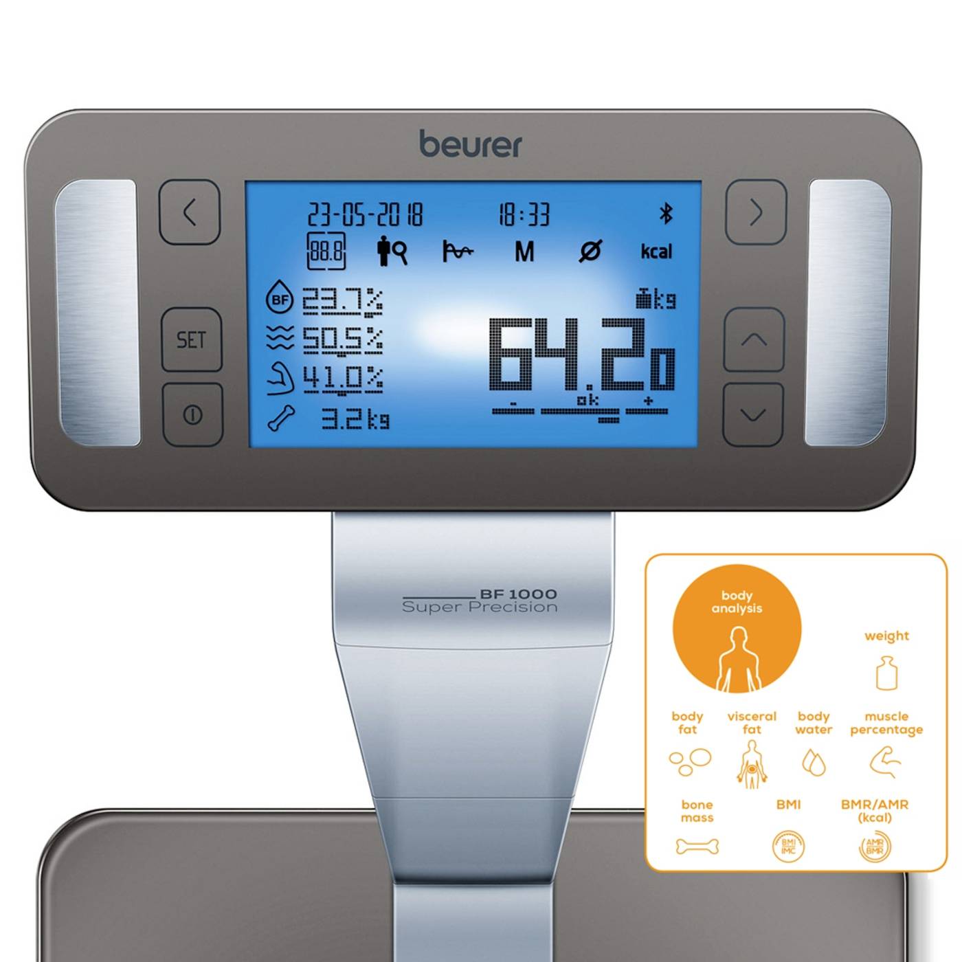 Waage mit digitalem Display zeigt Gewicht: 64,2 kg. Symbolleiste darunter zeigt Messungen zu Körperfett, Wasseranteil, Muskel- und Knochenmasse.