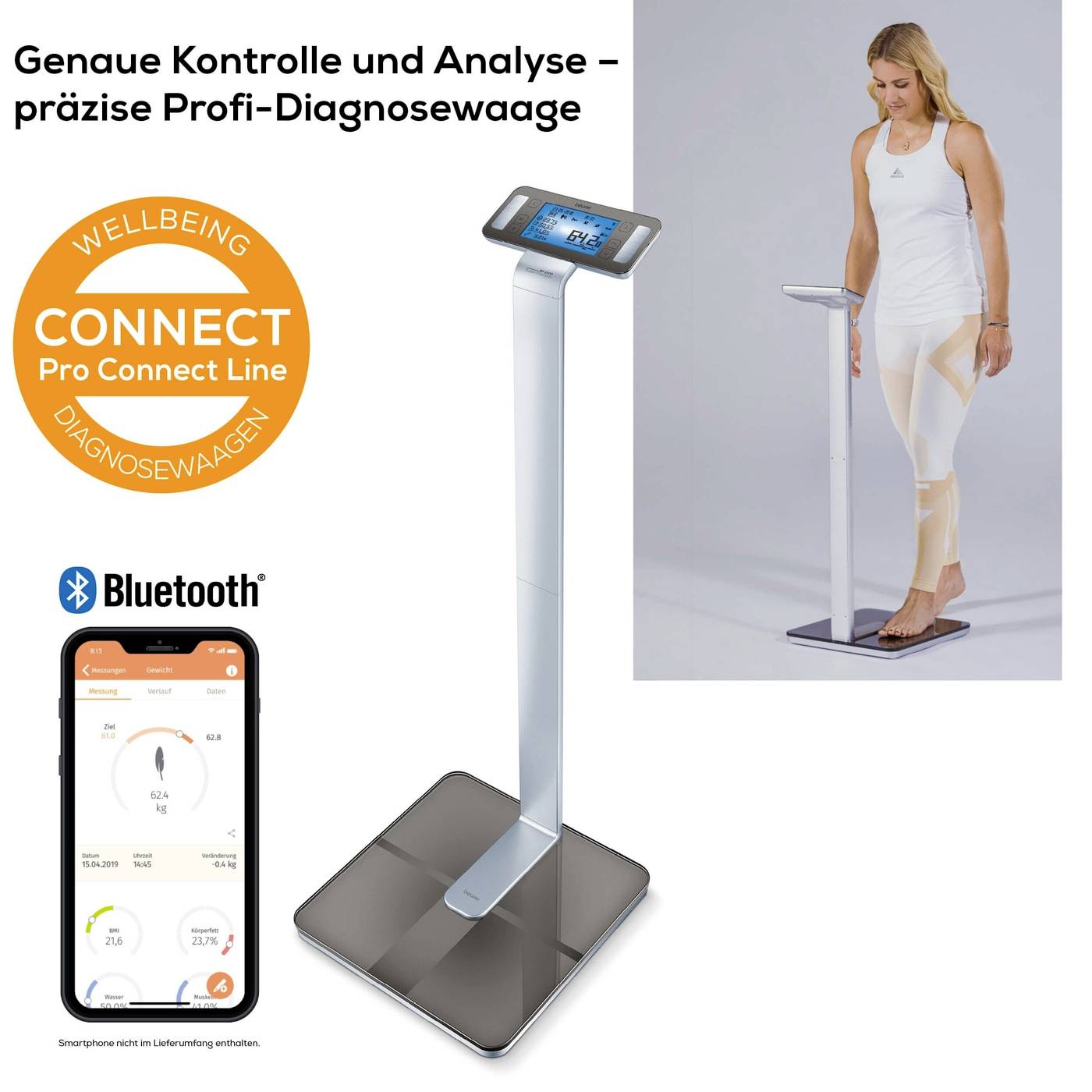 Waage mit Smartphone-App-Anbindung. Frau steht auf der Waage. Text: 'Genaue Kontrolle und Analyse – präzise Profi-Diagnosewaage', 'Bluetooth'.