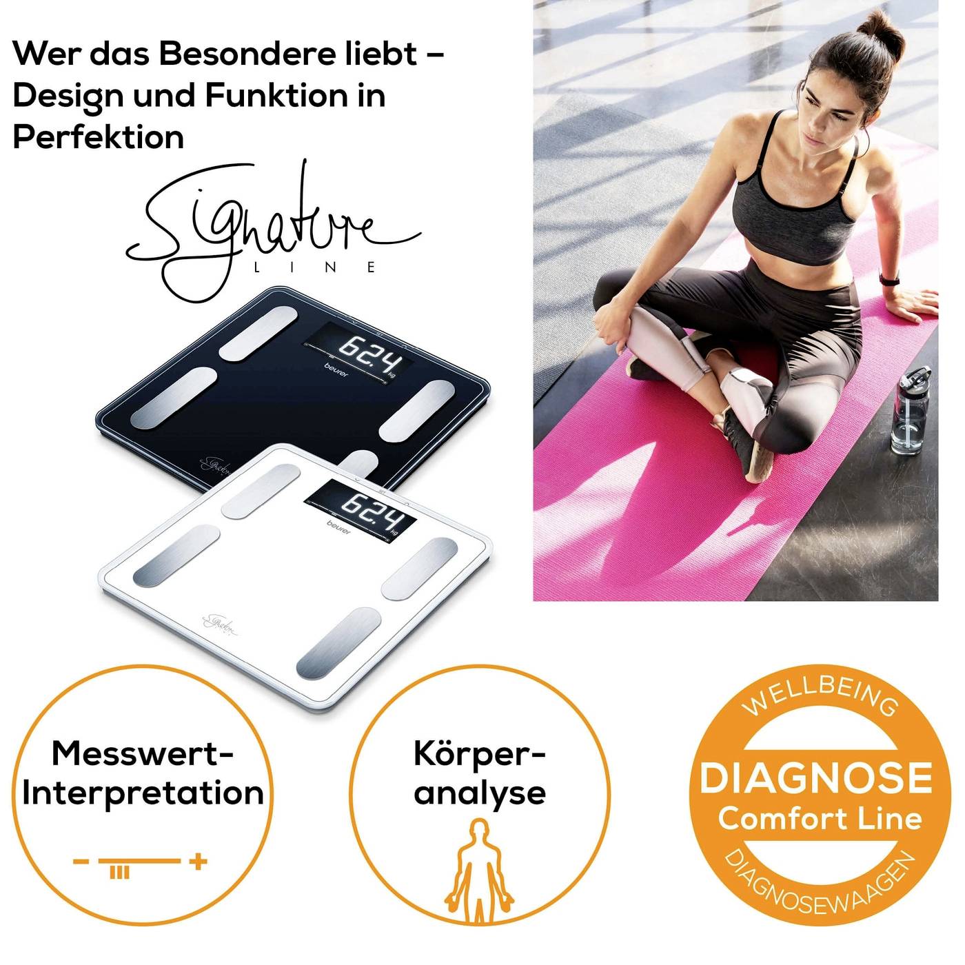 Zwei digitale Personenwaagen mit Körperanalysefunktion auf einem Fitnessboden. Eine Frau macht Yoga auf einer pinken Matte.
