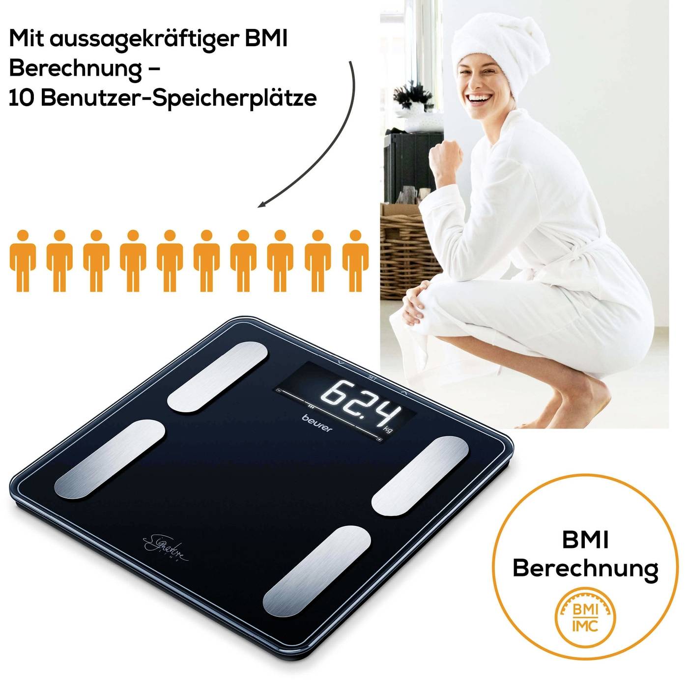 Frau in weißem Bademantel lacht neben Waage. Auf der Waage steht 62,4. Text: Mit aussagekräftiger BMI Berechnung - 10 Benutzer-Speicherplätze.