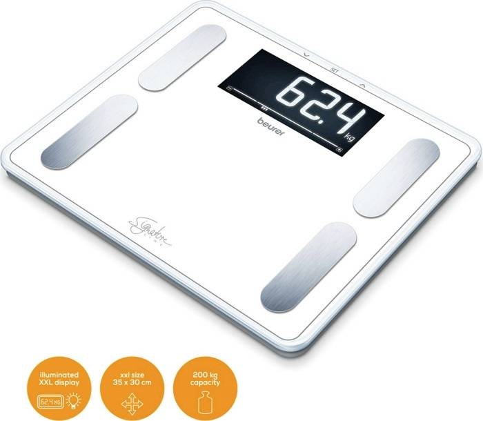 Digitale Personenwaage mit großem, beleuchtetem Display zeigt 62,4 kg an. Kapazität bis 200 kg, Größe 35 x 30 cm. Markenname ist sichtbar.