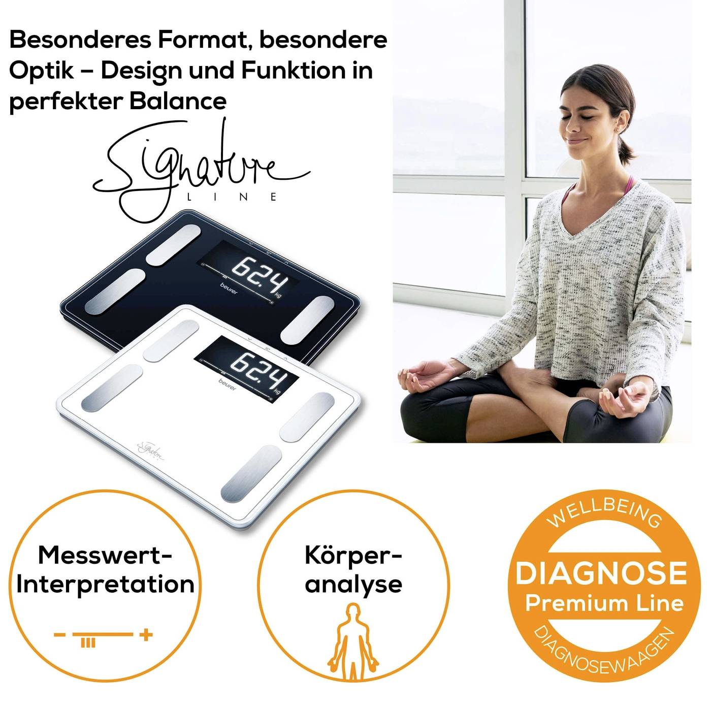 Frau meditiert im Schneidersitz neben digitalen Waagen. Text: Besonderes Format, Design und Funktion in Balance.