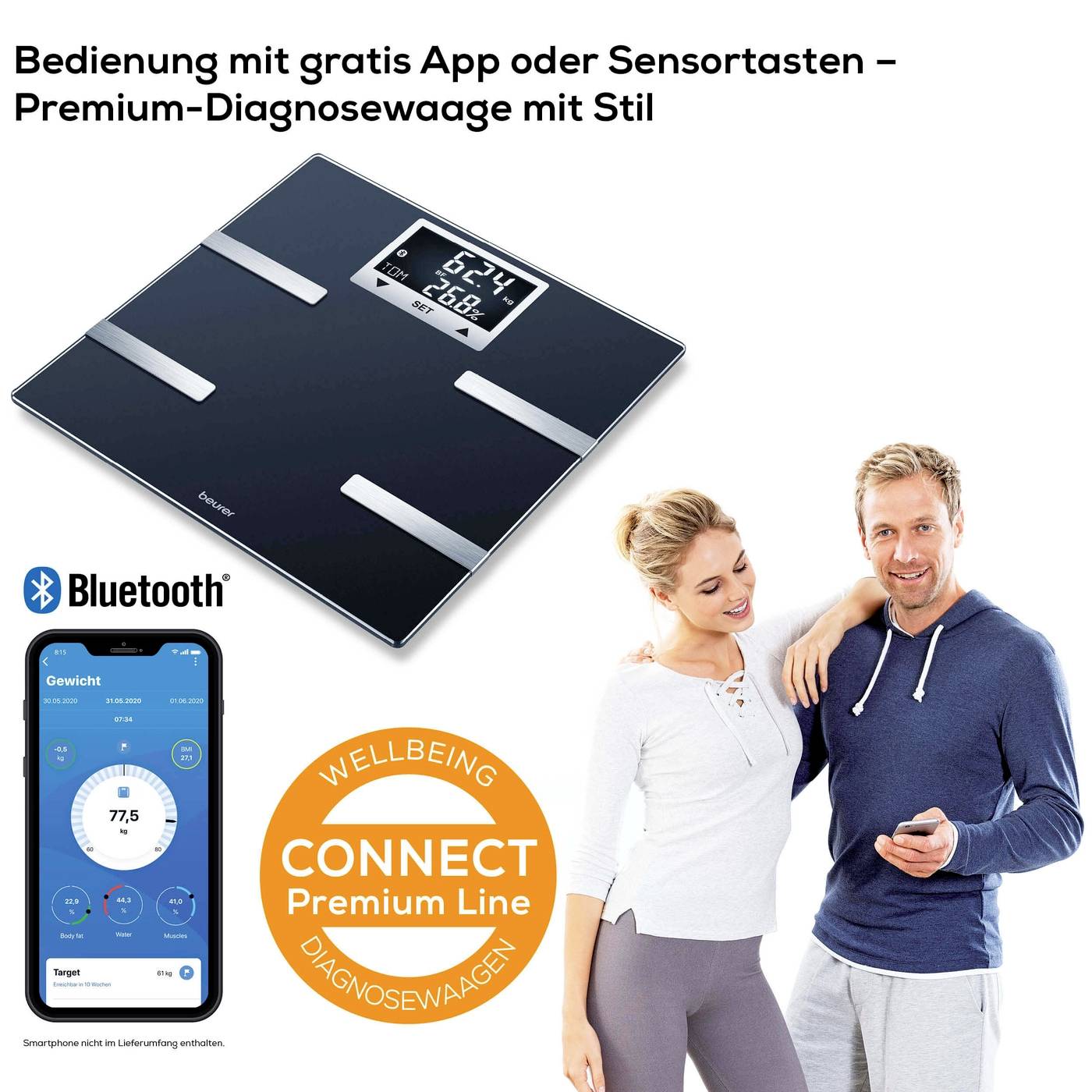 Personenwaage mit digitalem Display und App-Kompatibilität. Funktionen umfassen Gewichtsanalyse und Bluetooth-Verbindung.