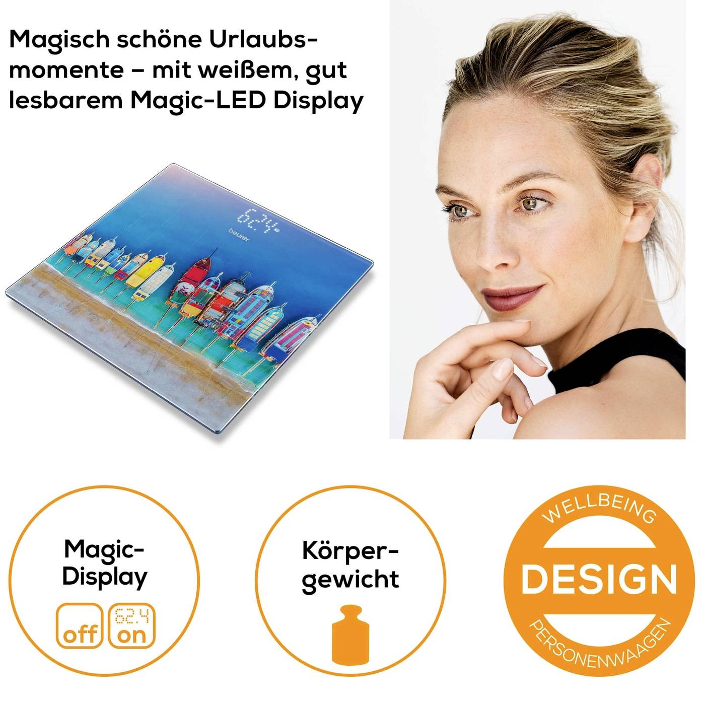 Waage mit buntem Strandmotiv und Magic-LED Display. Text: Magisch schöne Urlaubsmomente – mit weißem, gut lesbarem Display.