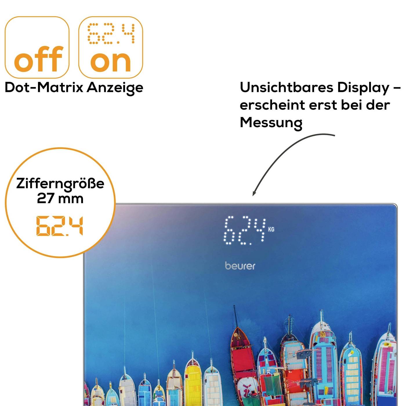 Digitale Waage mit unsichtbarem Display, das erst bei Messung erscheint. Große Ziffernanzeige mit 27 mm Größe.