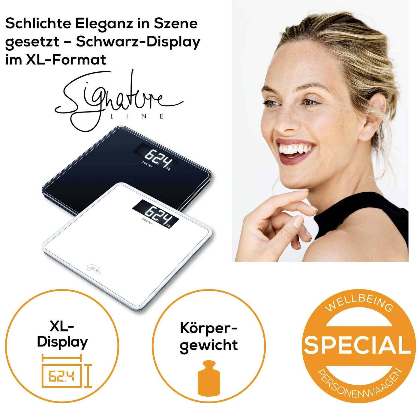 Frau lächelt und hält Zahnseide. Im Hintergrund weiße Waage mit digitaler Anzeige '6.24'. Text: 'Schlichte Eleganz', 'Special', 'Körpergewicht'.