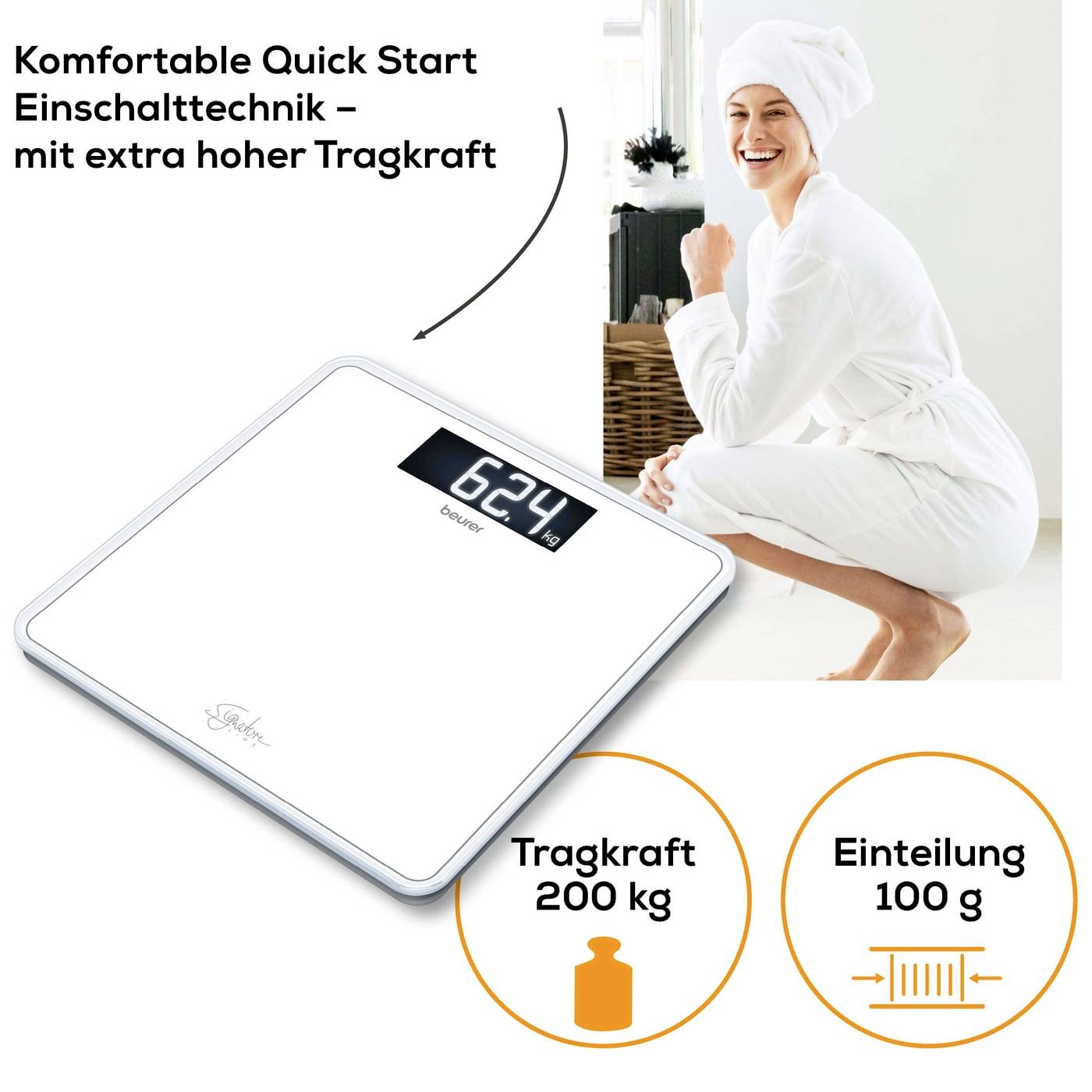 'Digitale Waage mit 200 kg Tragkraft und 100 g Einteilung. Komfortable Quick Start Technik.' Frau in Bademantel neben der Waage.