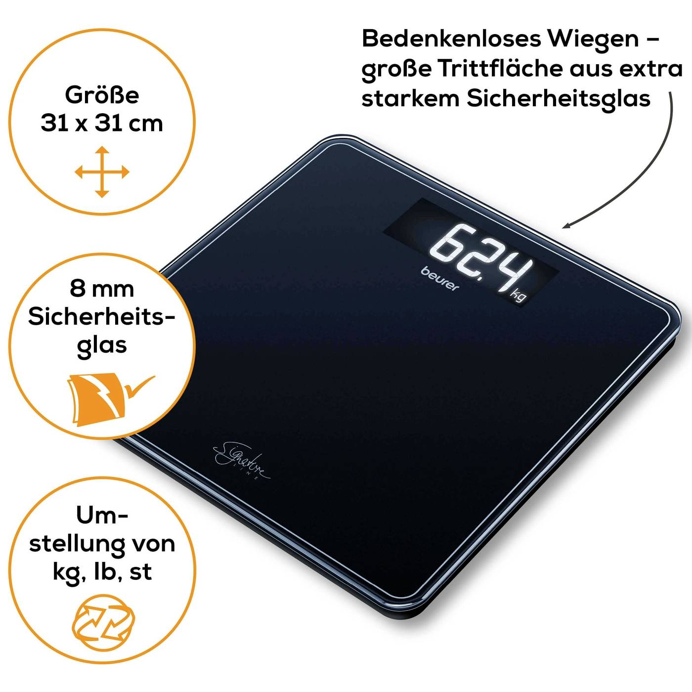 Digitale Waage mit Sicherheitsglas, Größe 31 x 31 cm. Gewichtsanzeige 6,24 kg. Schaltmöglichkeit zwischen kg, lb, st.