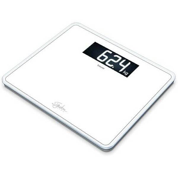 Digitale Personenwaage zeigt 62,4 kg an. Waage ist weiß mit großem, gut lesbarem Display.