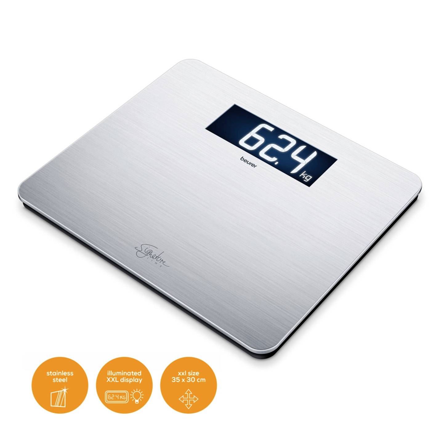Digitale Körperwaage mit Edelstahloberfläche, großem beleuchtetem Display zeigt '62,4 kg', geeignet für Badezimmer oder Fitnessräume.