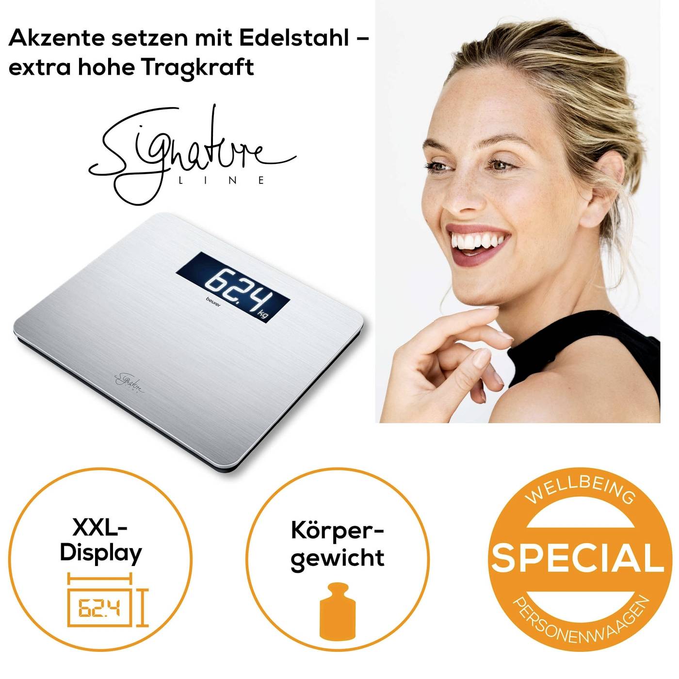 'Signature Line' Personenwaage aus Edelstahl mit XXL-Display zeigt 62,4 kg. Lächelnde Frau. Text: 'WELLBEING SPECIAL'.