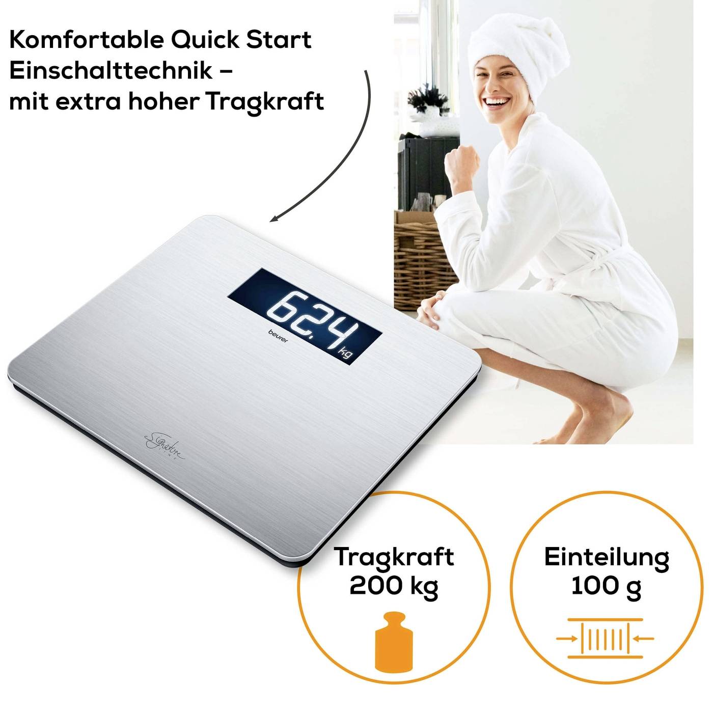 Digitale Personenwaage mit Anzeige von 62,4 kg, komfortabler Quick Start, hohe Tragkraft von 200 kg, Einteilung 100 g.