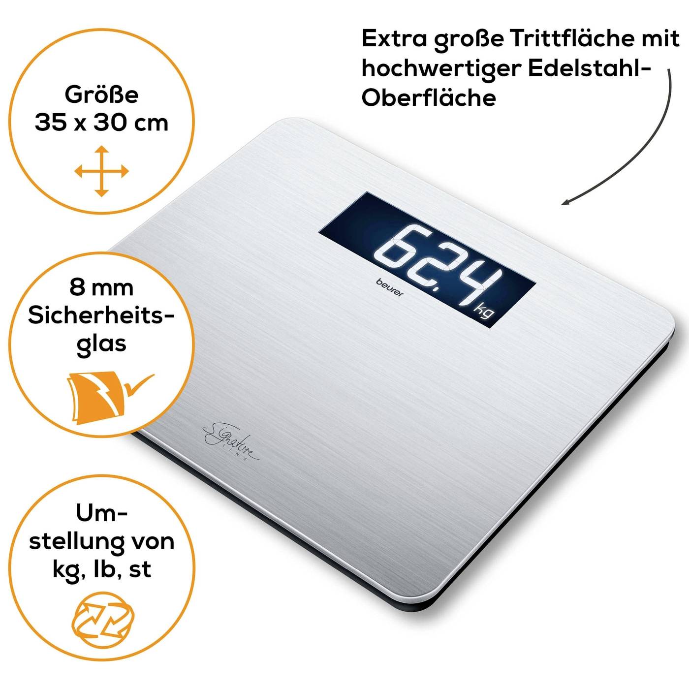 Digitale Personenwaage aus Edelstahl, zeigt 62,4 kg an. Eigenschaften: 35 x 30 cm Größe, 8 mm Sicherheitsglas, Umstellung von kg, lb, st.