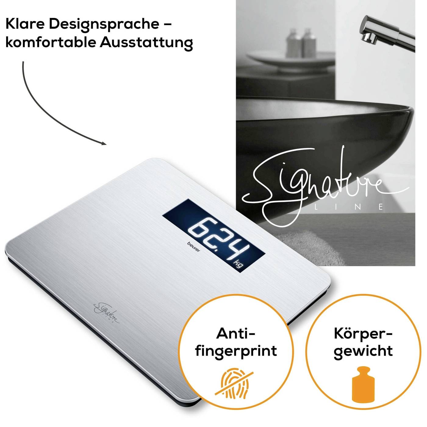 Digitale Körperwaage im modernen Design mit 'Anti-fingerprint'-Funktion. Gewichtsanzeige zeigt 62,4 kg. Slogan: 'Klare Designsprache – komfortable Ausstattung'.