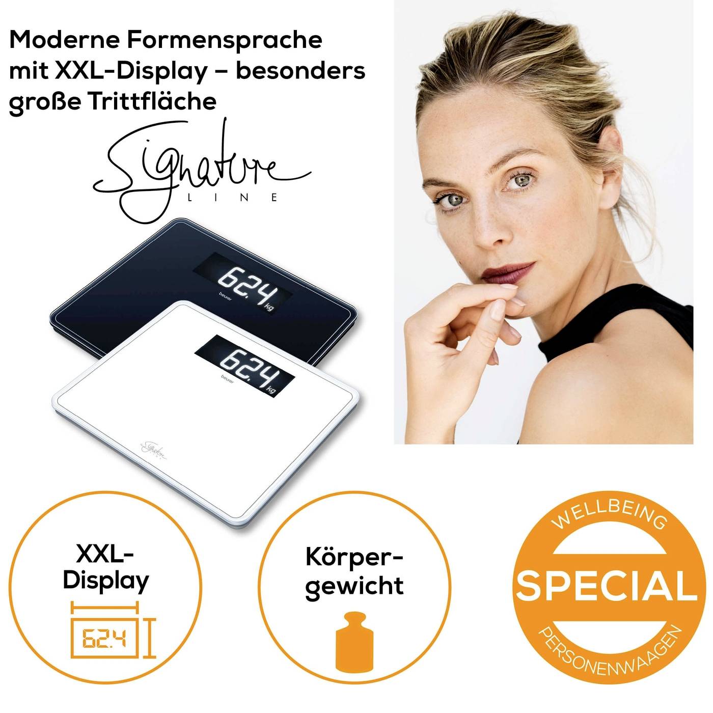 Sonderangebot für Personenwaagen mit modernem Design. Große Trittfläche und XXL-Display für präzise Gewichtsanzeige.