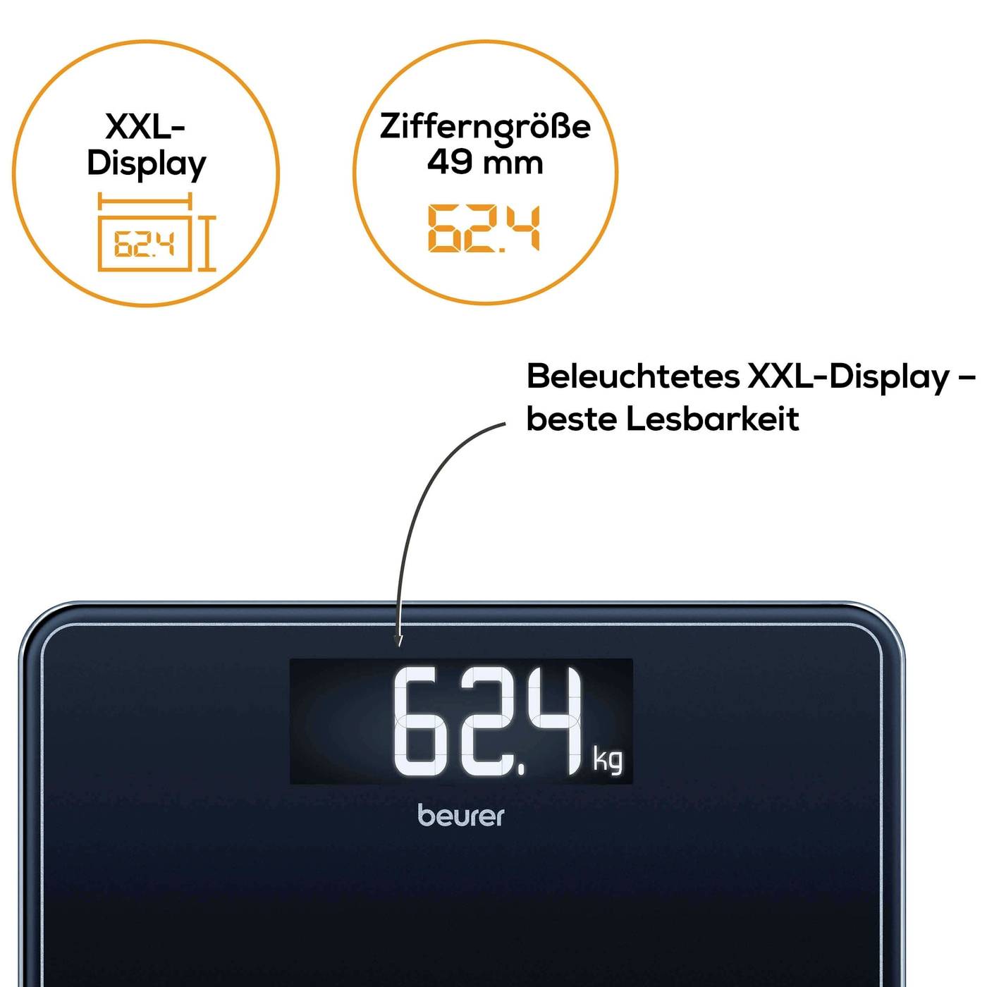 Digitale Waage mit beleuchtetem XXL-Display zeigt 62,4 kg an. Zifferngröße: 49 mm für optimale Lesbarkeit.