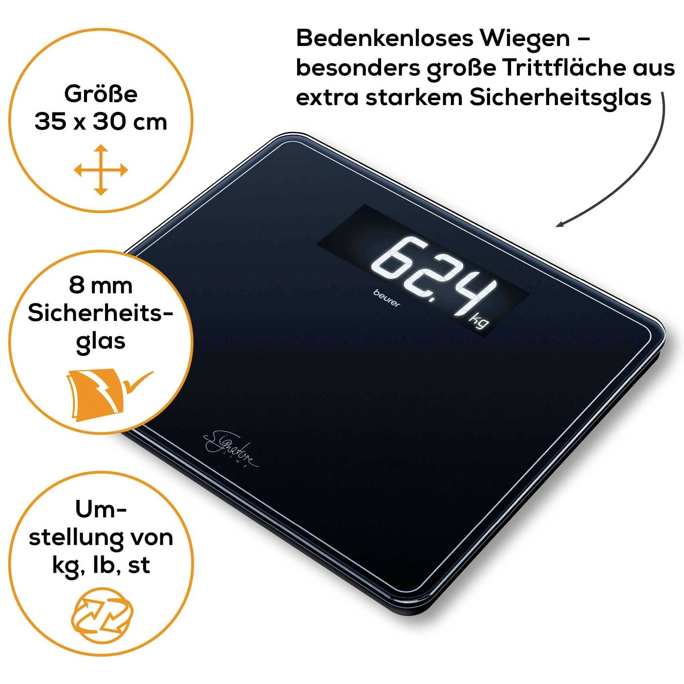 Schwarze Digitalwaage mit großer LED-Anzeige zeigt 62,4 kg. Trittfläche 35 x 30 cm aus 8 mm starkem Sicherheitsglas.